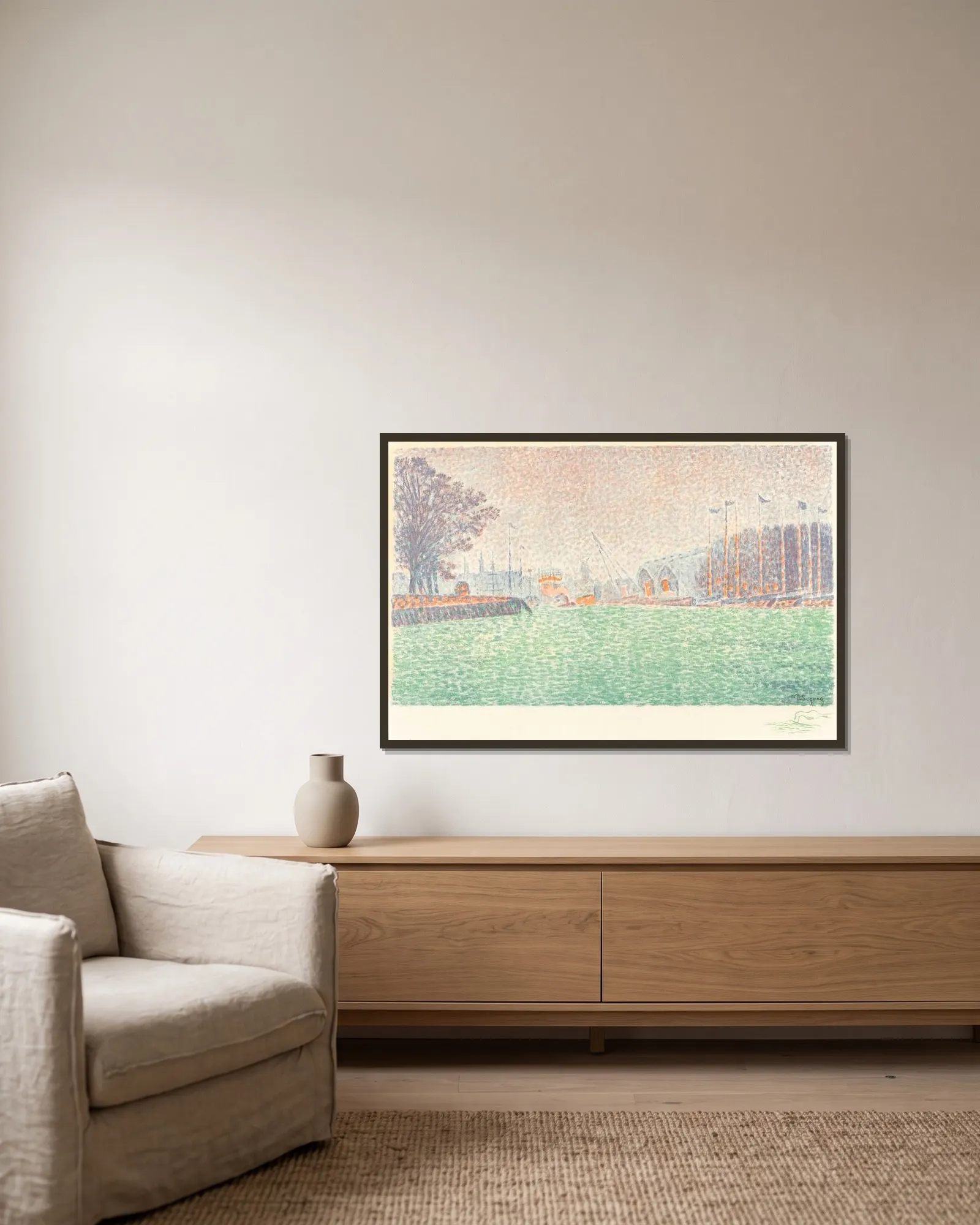 At Flushing (A Flessingue) av Paul Signac inramad på en vägg