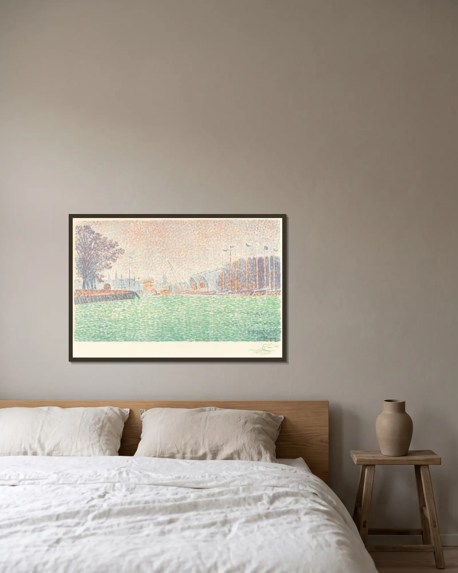 At Flushing (A Flessingue) av Paul Signac inramad på en vägg