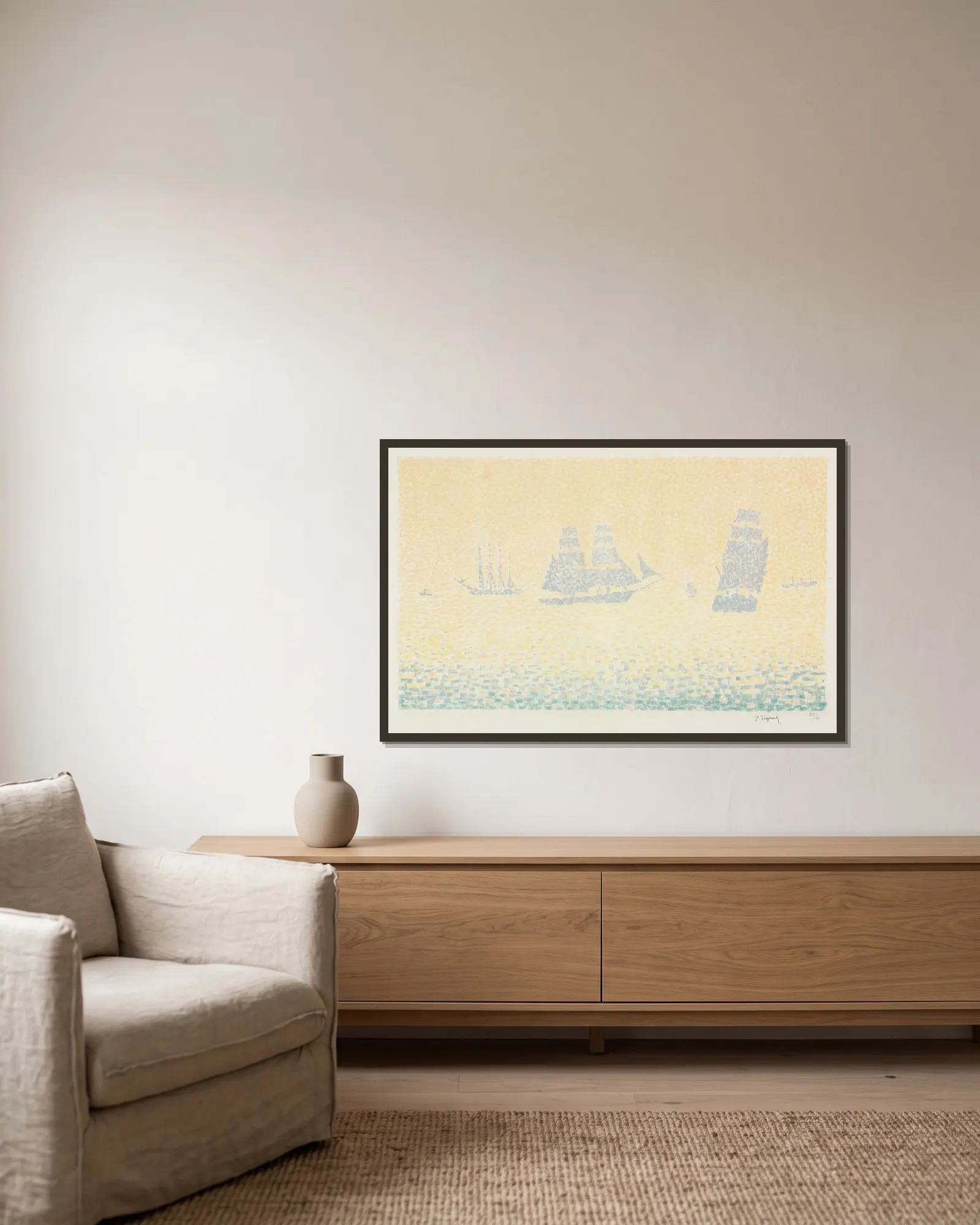 Boats av Paul Signac inramad på en vägg