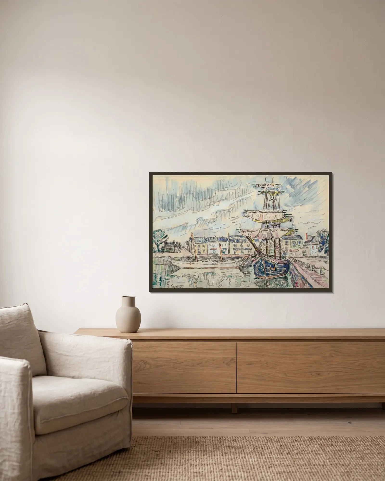 Goélettes à quai av Paul Signac inramad på en vägg