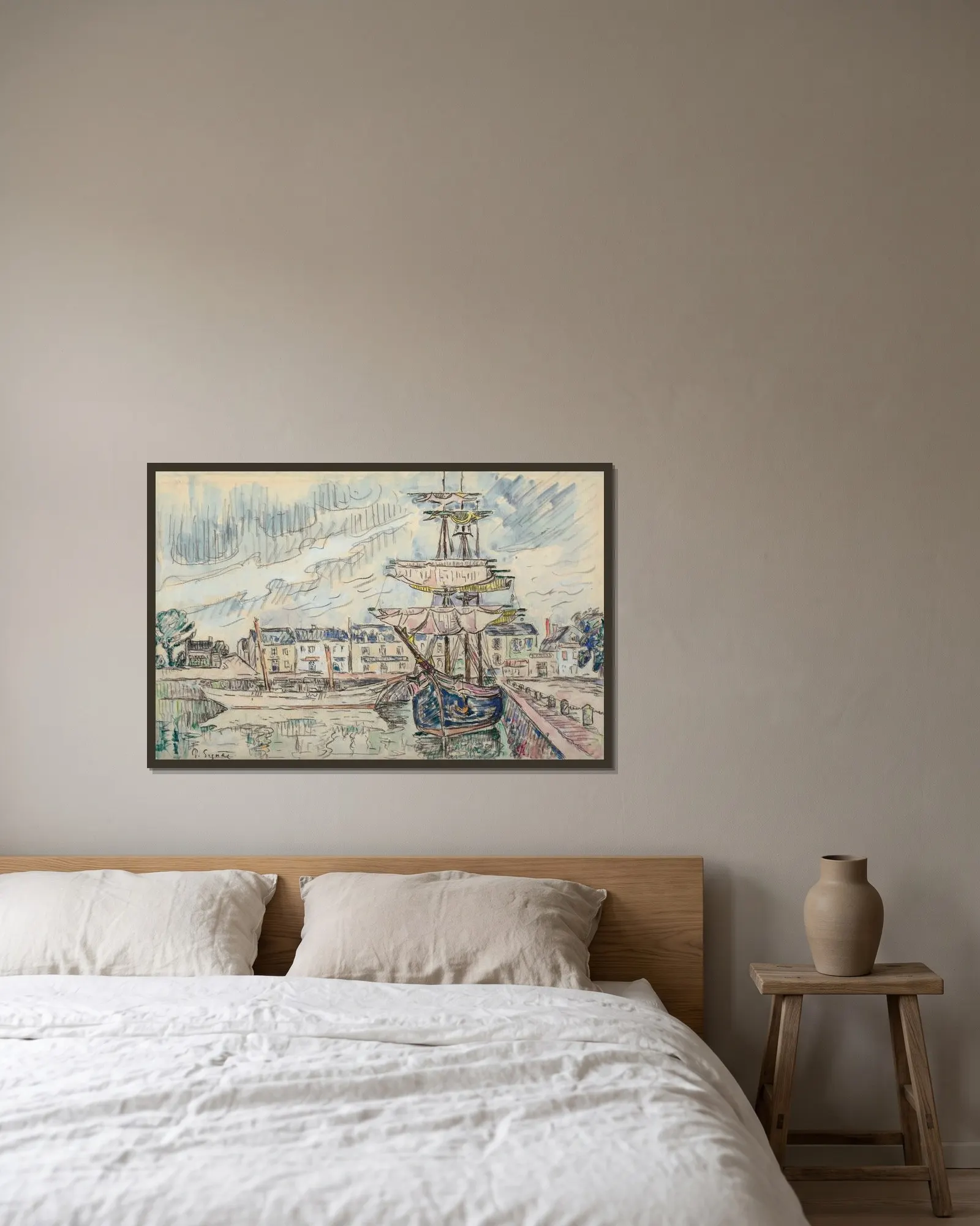 Goélettes à quai av Paul Signac inramad på en vägg