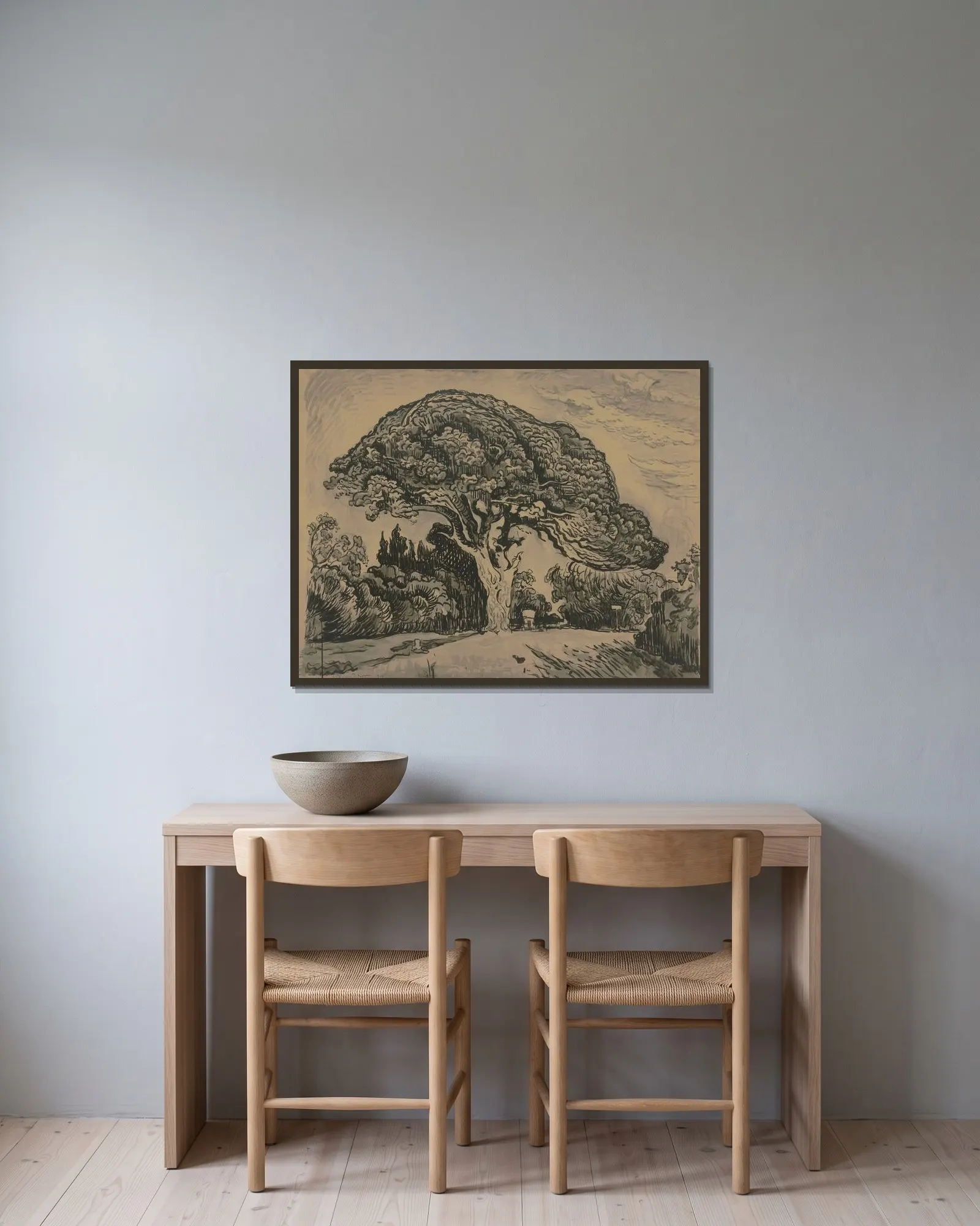 Le Pin Bertaud av Paul Signac inramad på en vägg