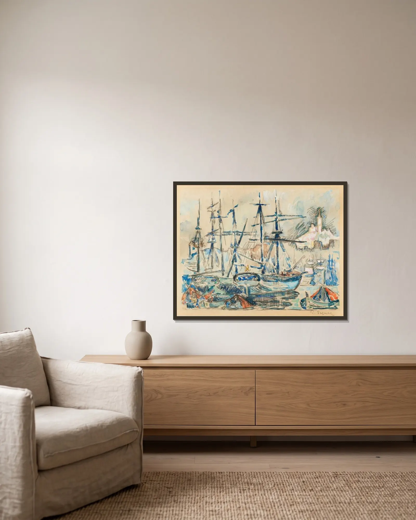 Marseille av Paul Signac inramad på en vägg