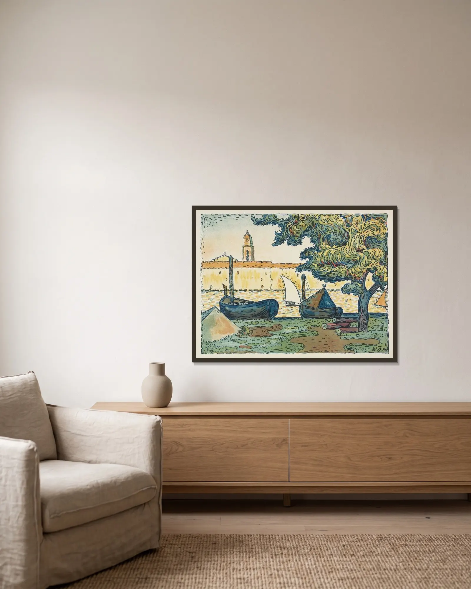 St. Tropez (The Port of St. Tropez) av Paul Signac inramad på en vägg