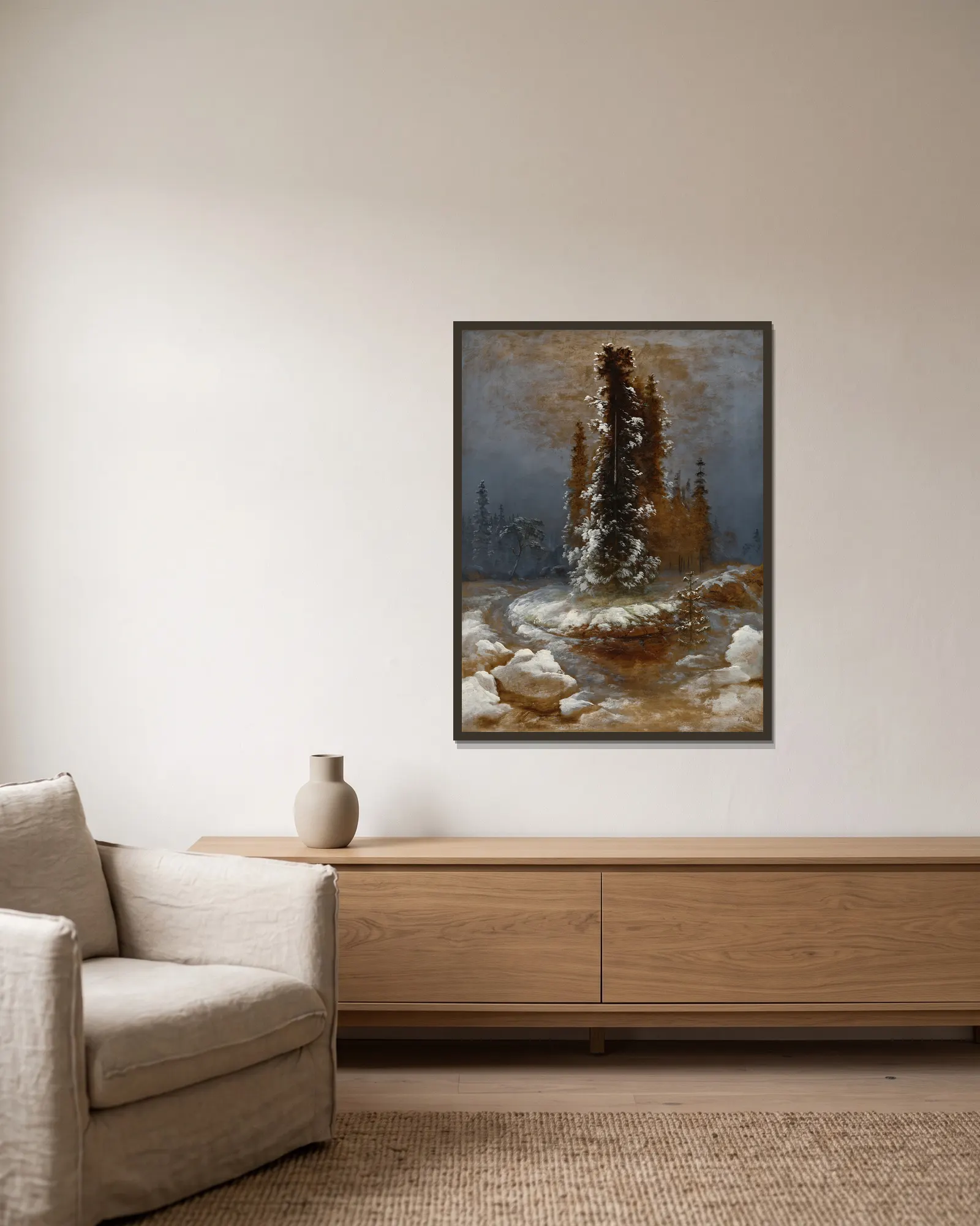 Vårløsning (Spring Thaw) av Peder Balke inramad på en vägg