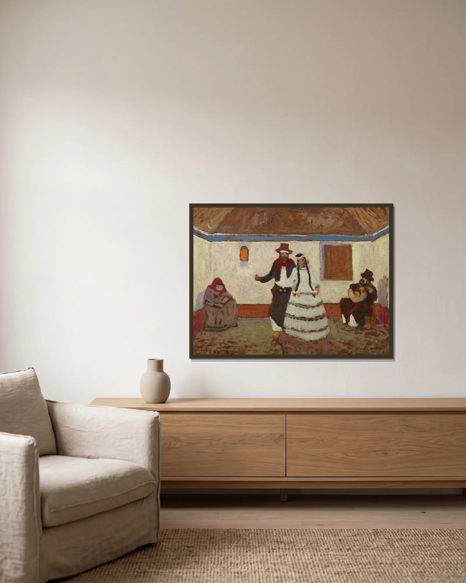 Baile En El Rancho (from 1880 until 1938) av Pedro Figari inramad på en vägg