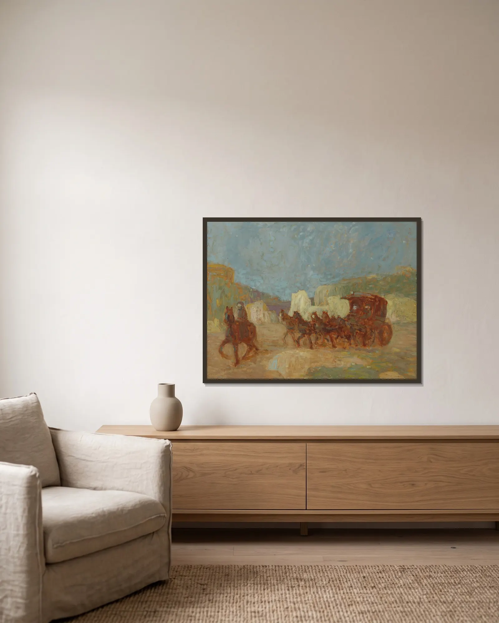 Una diligencia (from 1880 until 1938) av Pedro Figari inramad på en vägg