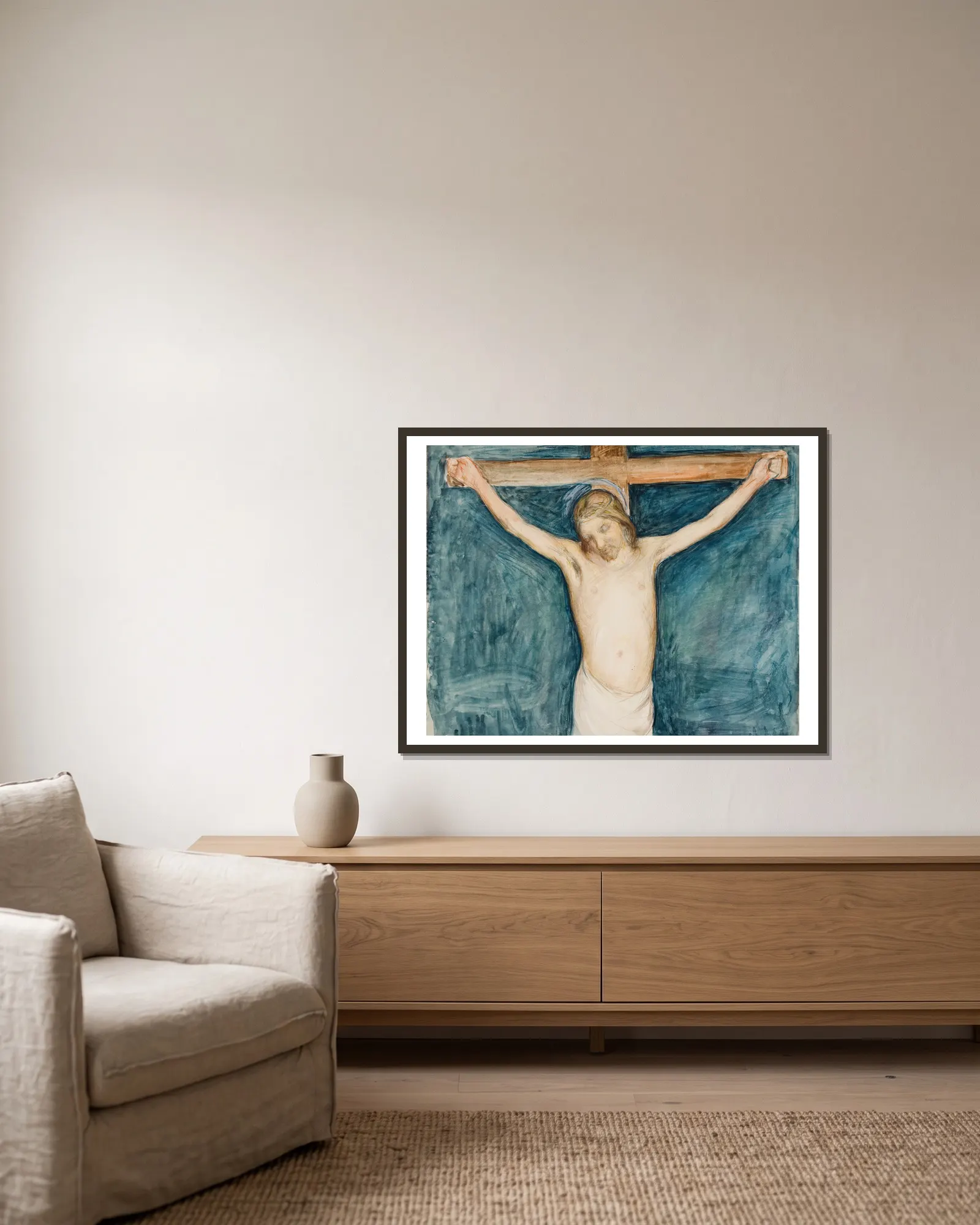 Crucifixion av Pekka Halonen inramad på en vägg