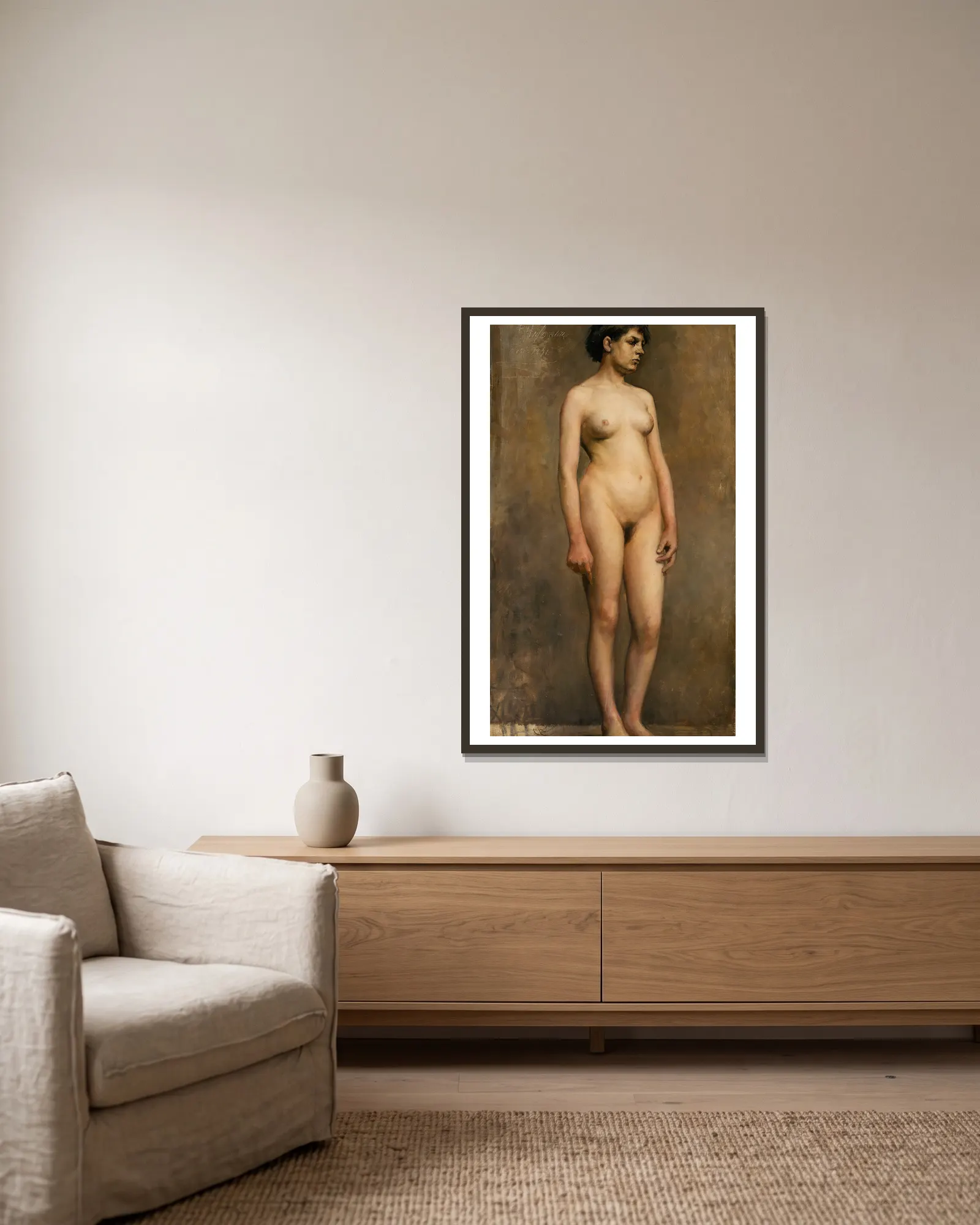 Nude Female Model av Pekka Halonen inramad på en vägg