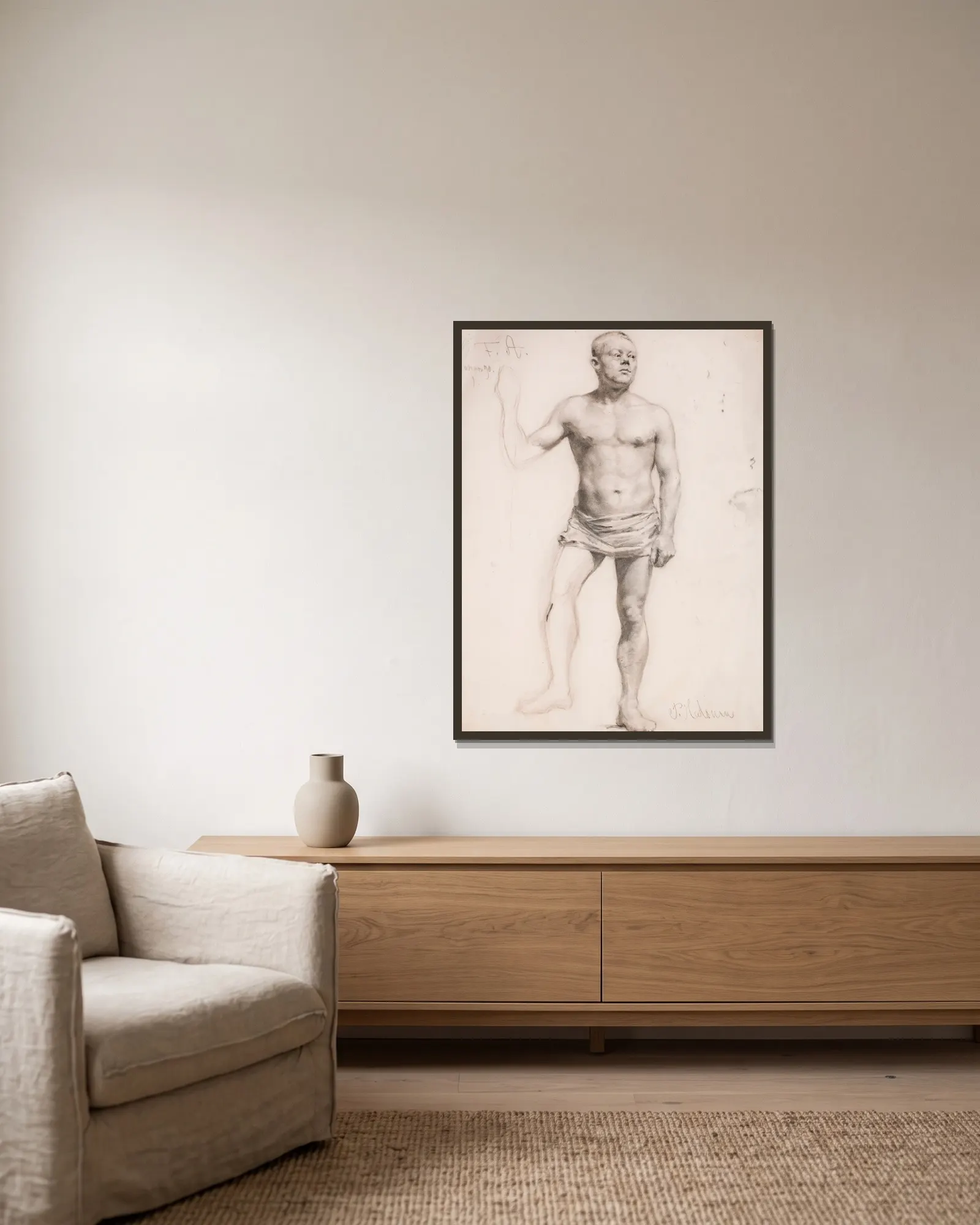 Nude Male Model av Pekka Halonen inramad på en vägg