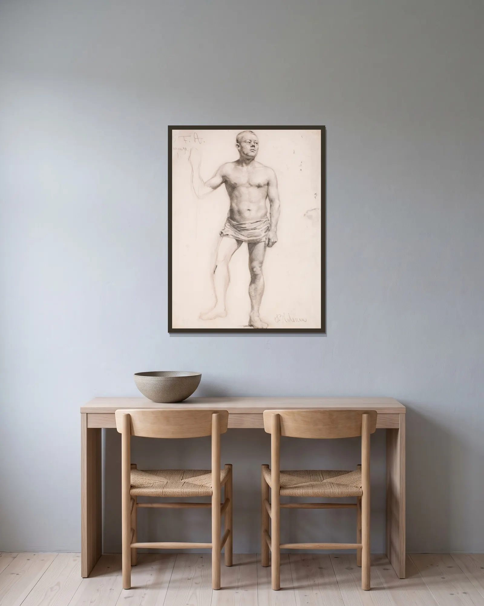 Nude Male Model av Pekka Halonen inramad på en vägg