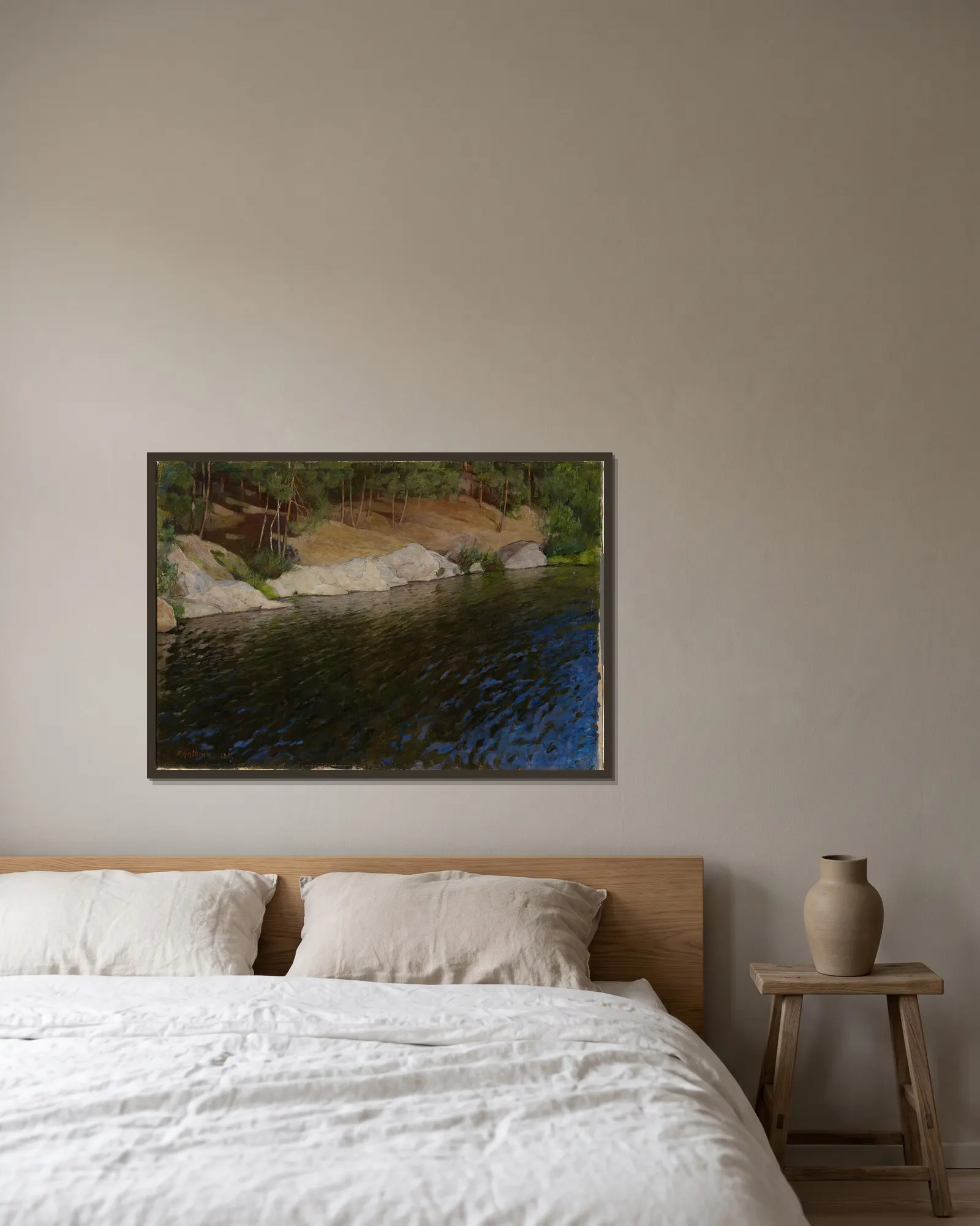 Riverside av Pekka Halonen inramad på en vägg