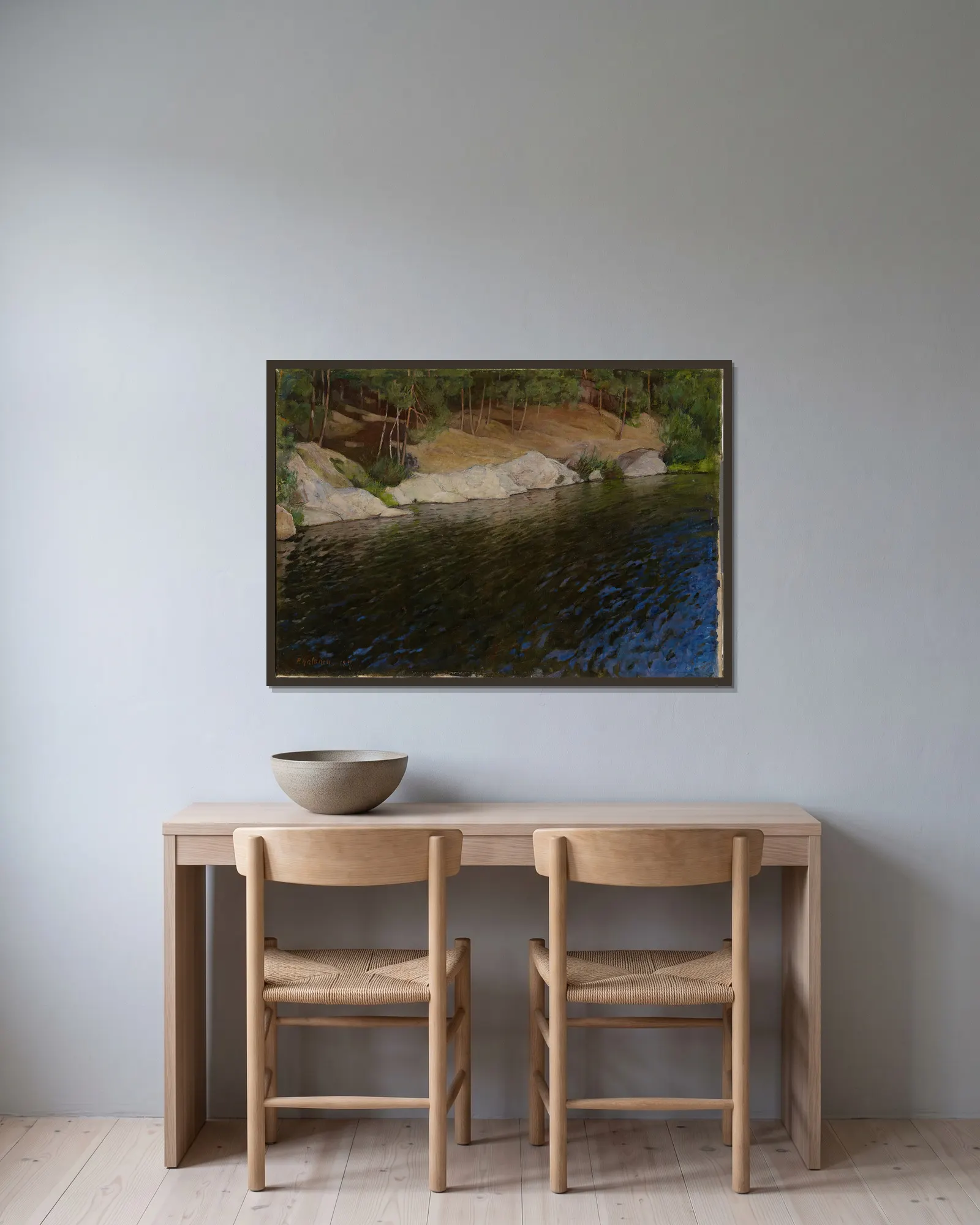 Riverside av Pekka Halonen inramad på en vägg