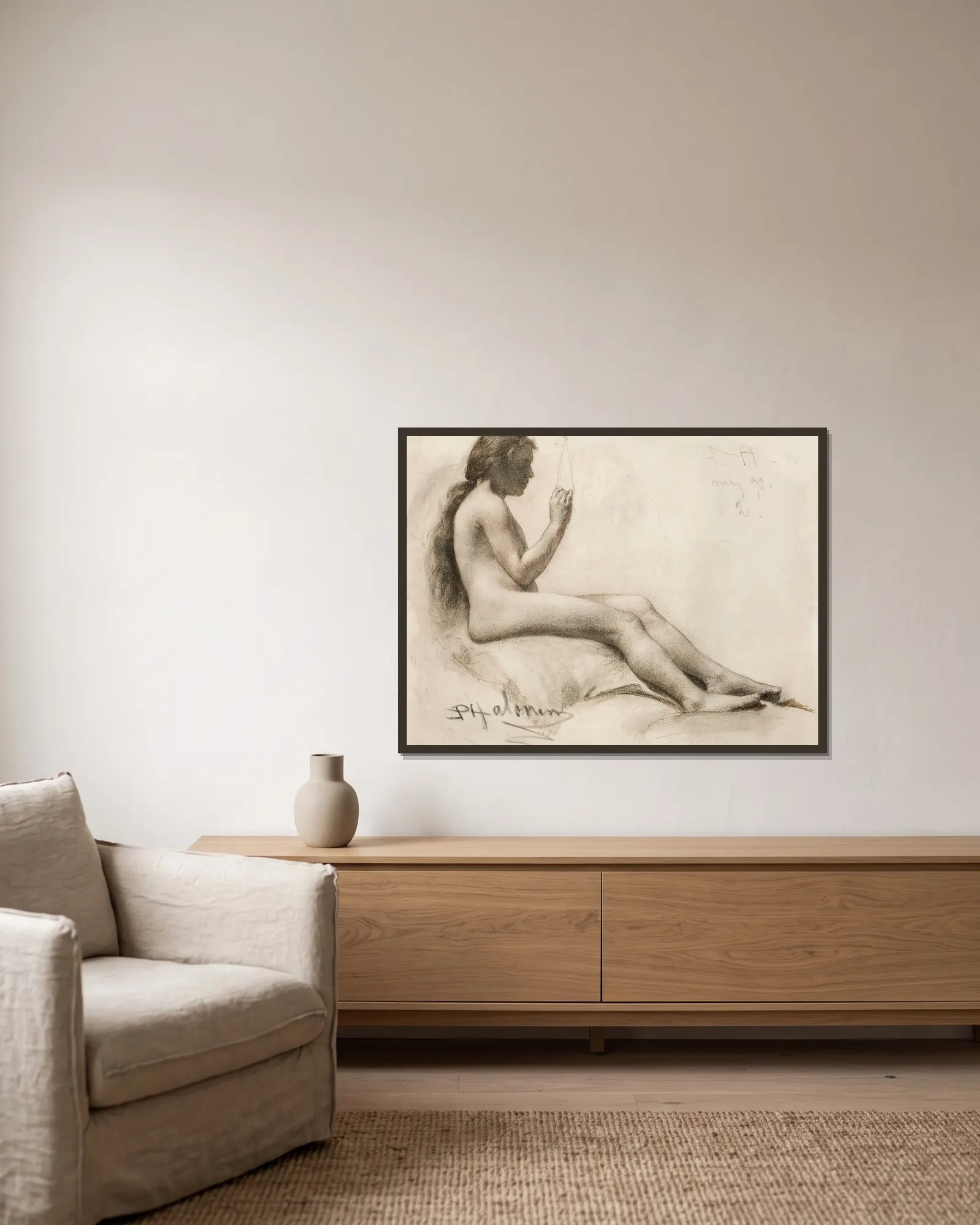 Seated Female Model av Pekka Halonen inramad på en vägg