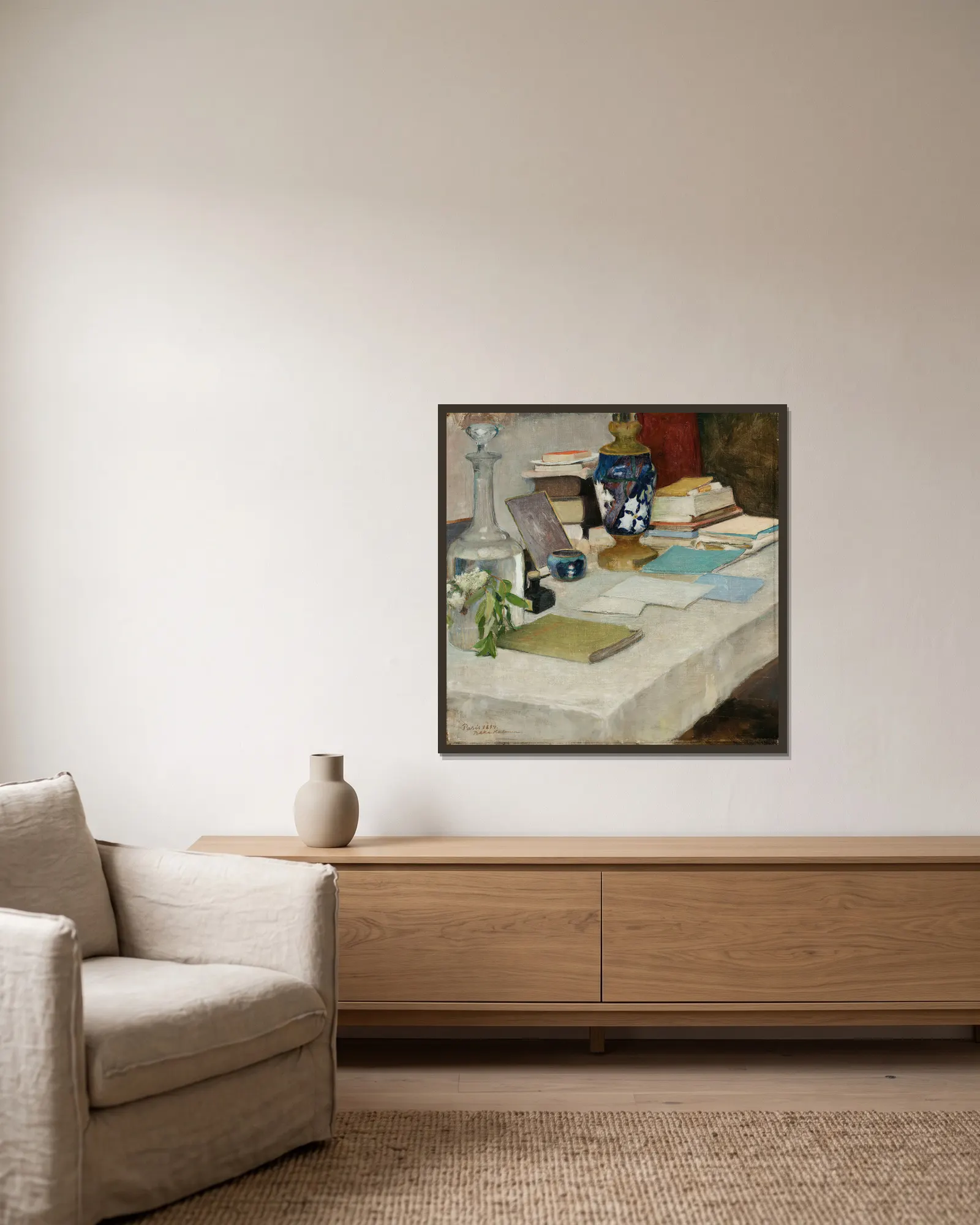 Still Life av Pekka Halonen inramad på en vägg