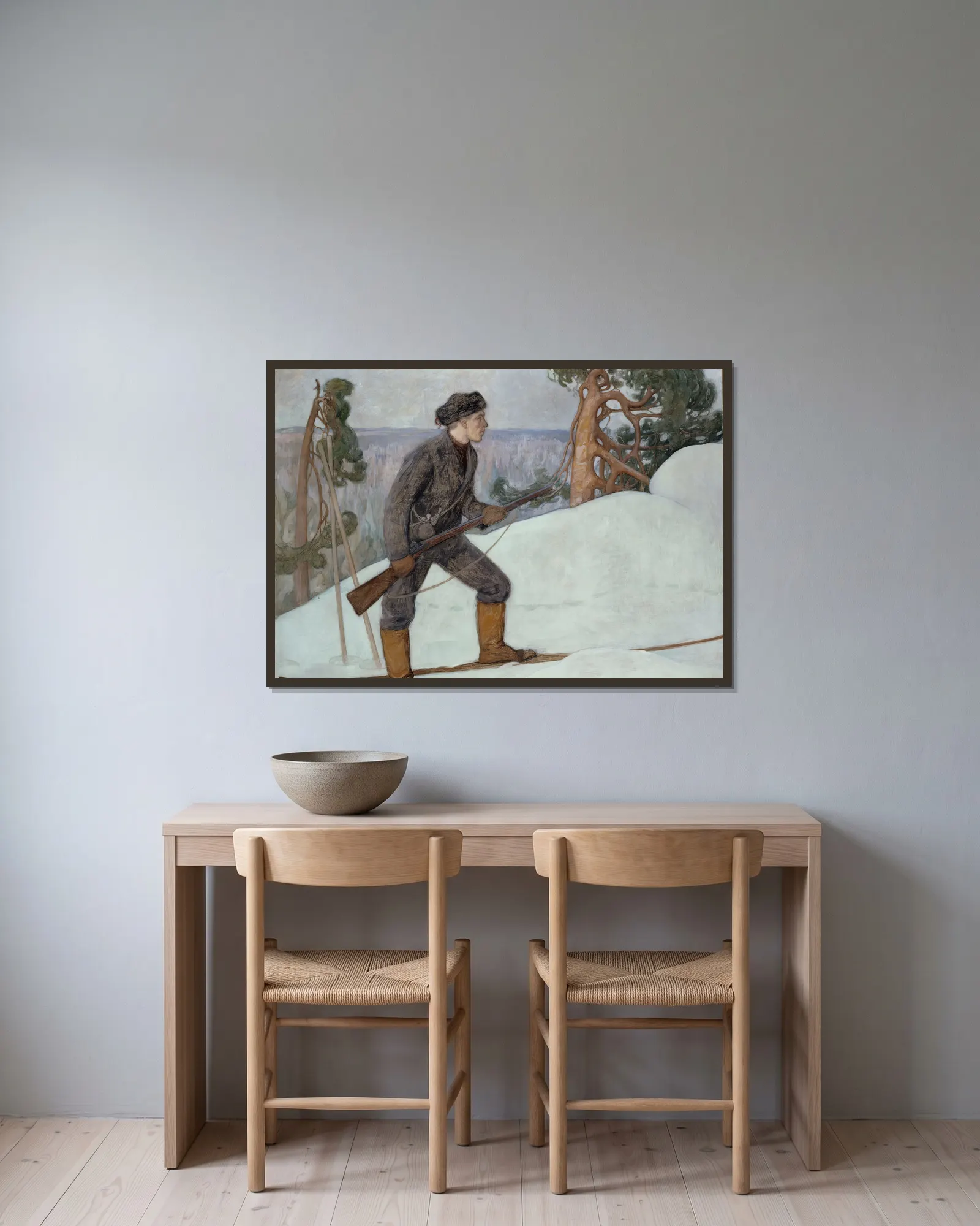 The Lynx Hunter av Pekka Halonen inramad på en vägg