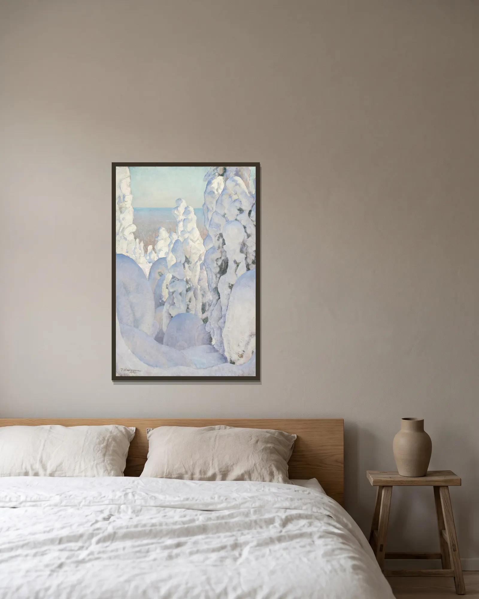 Winter Landscape, Kinahmi av Pekka Halonen inramad på en vägg