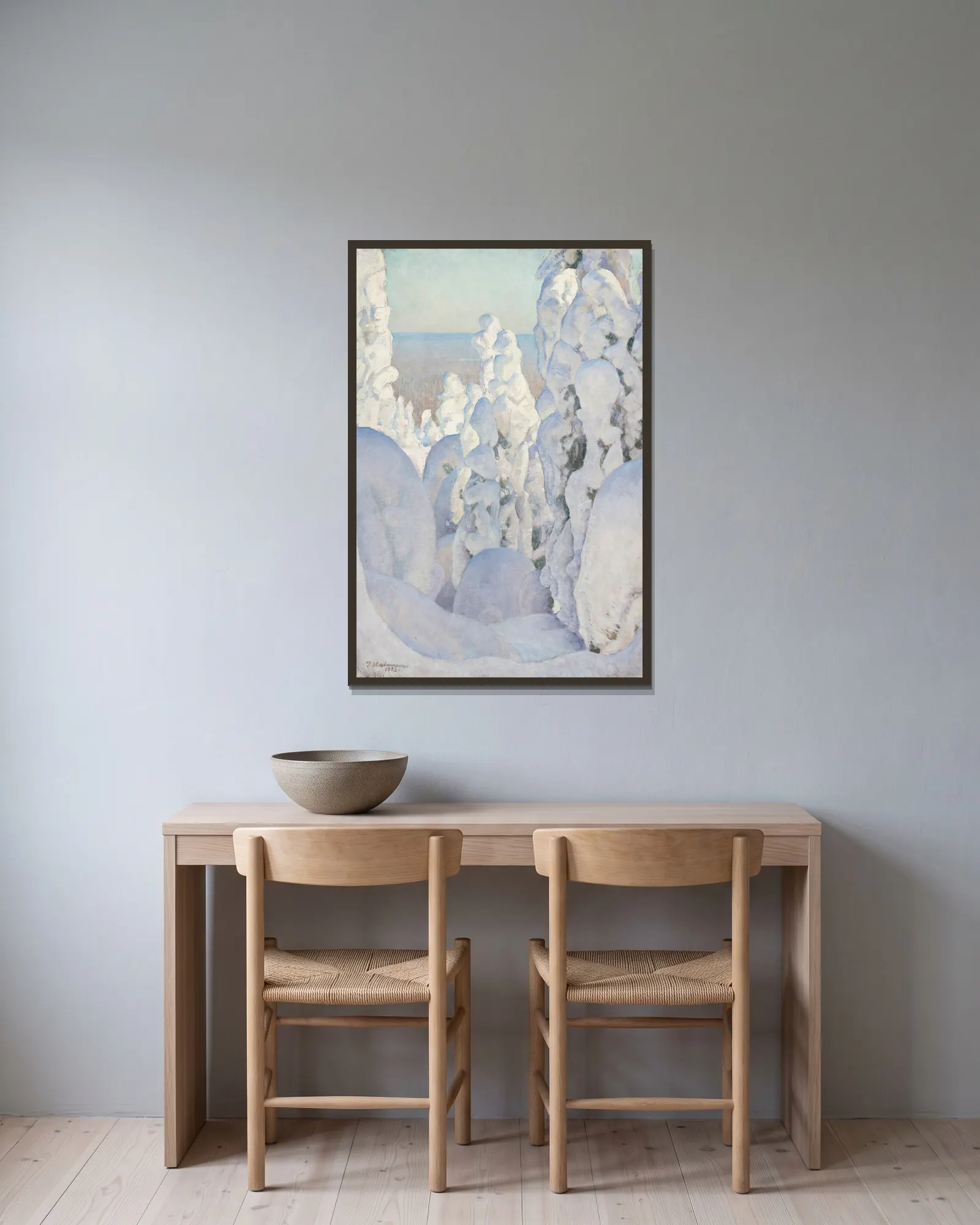 Winter Landscape, Kinahmi av Pekka Halonen inramad på en vägg