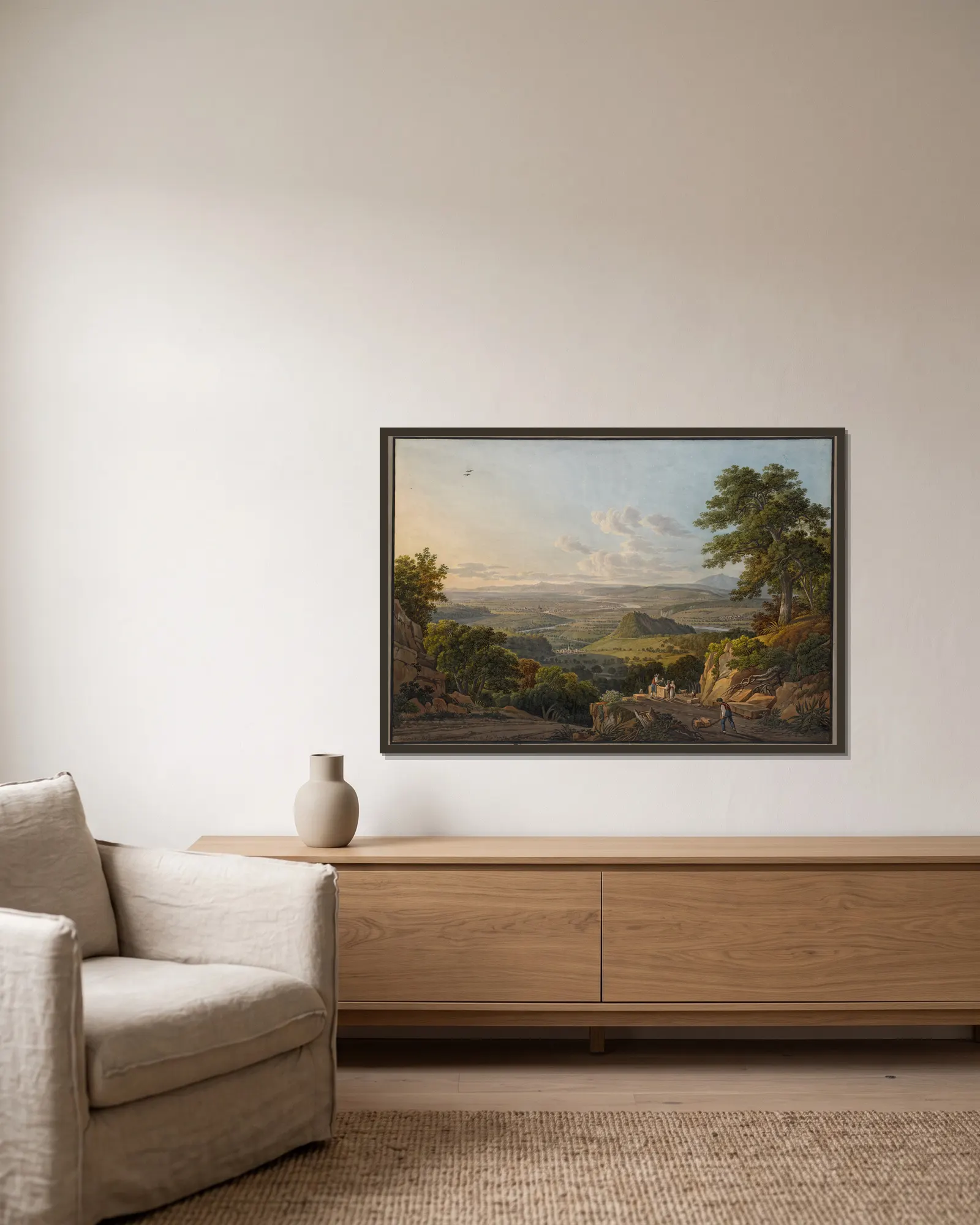 Blick vom Muttenzer Steinbruch auf Basel (‘Environs de Bâle. prise sur la Carriere de Muttentz’) av Peter Birmann inramad på en vägg