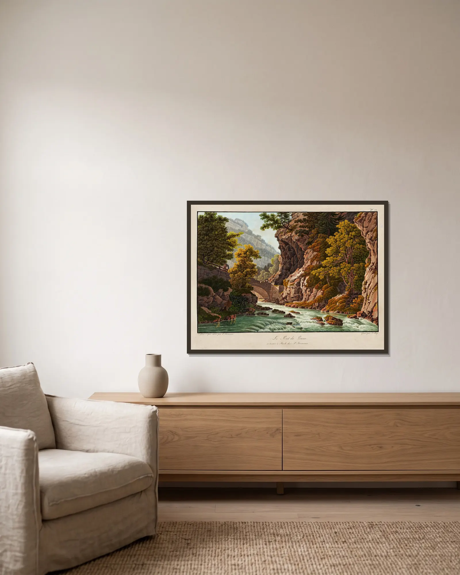 Le Pont de Penne av Peter Birmann inramad på en vägg