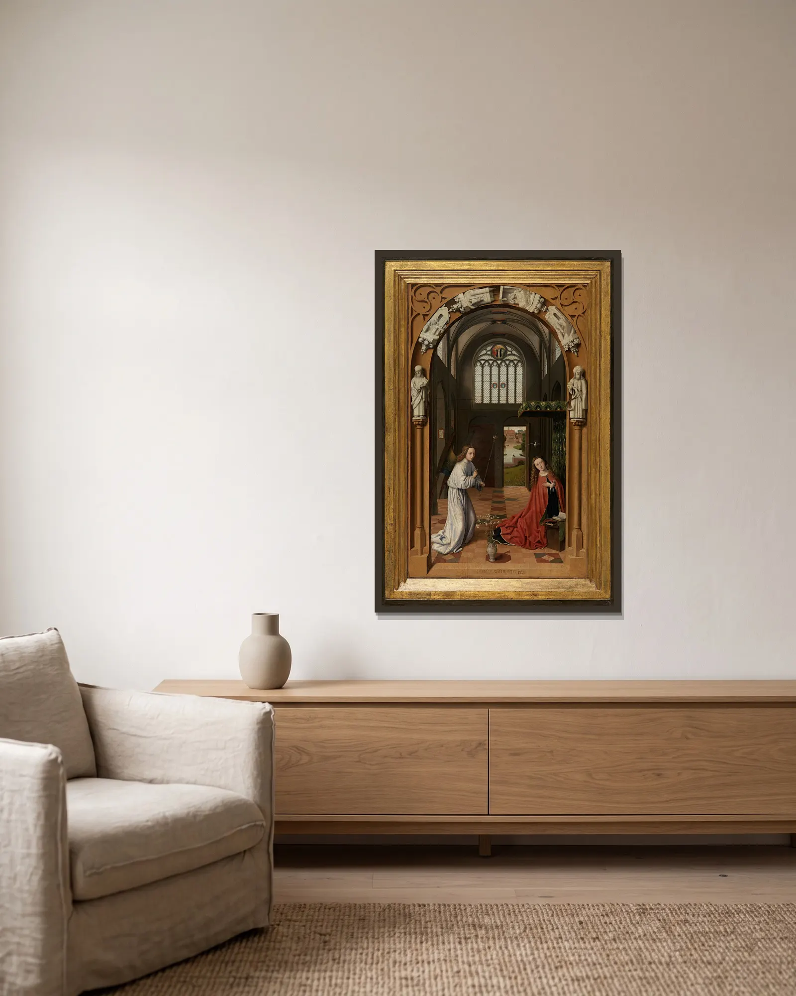Annunciation av Petrus Christus inramad på en vägg