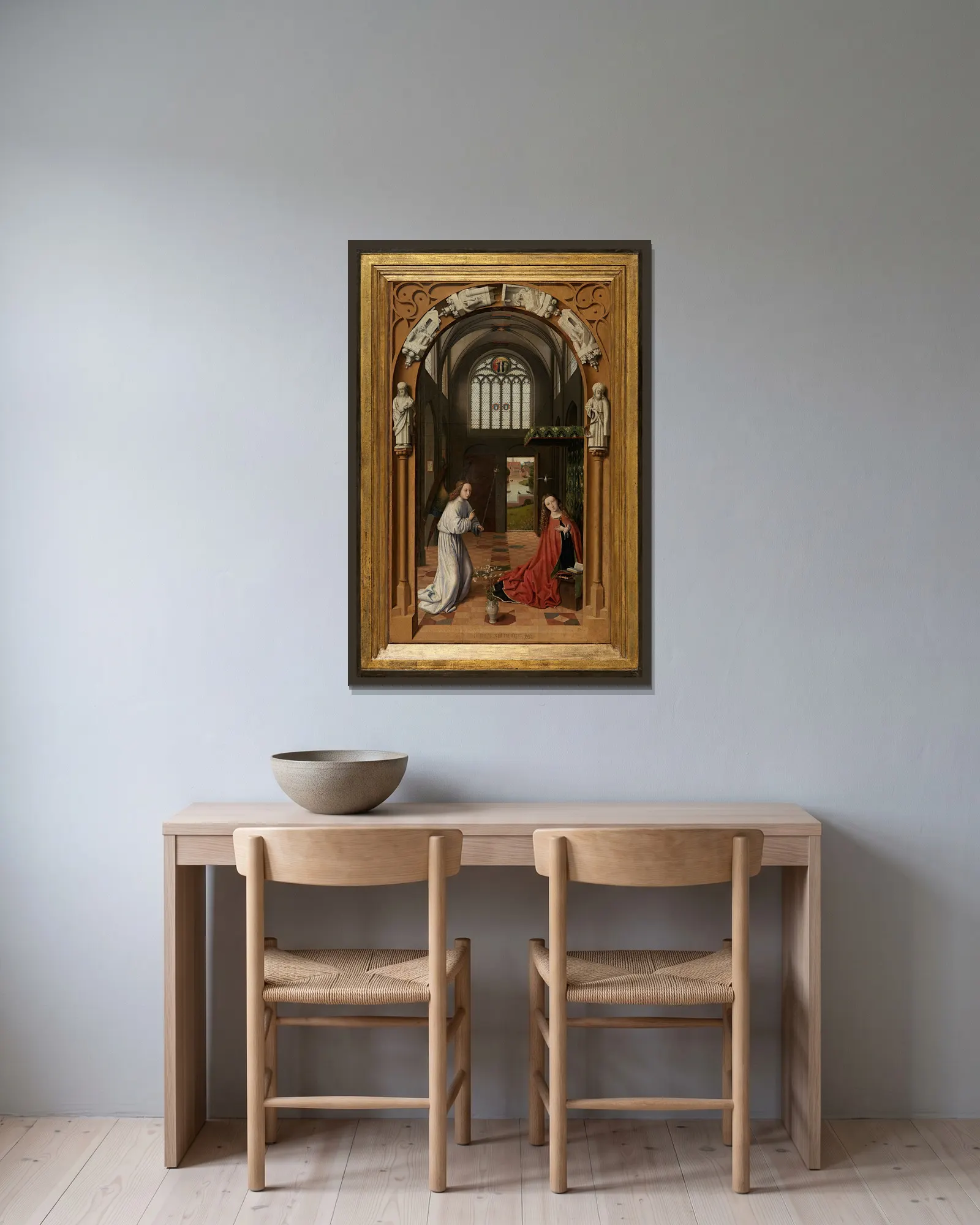 Annunciation av Petrus Christus inramad på en vägg