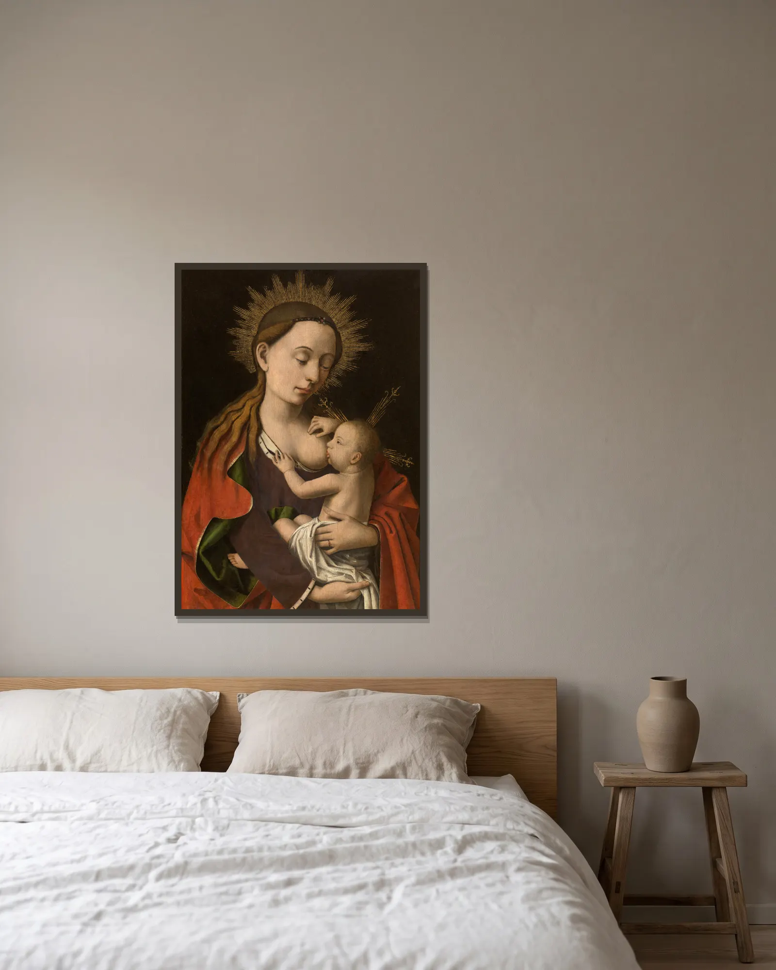 Madonna av Petrus Christus inramad på en vägg