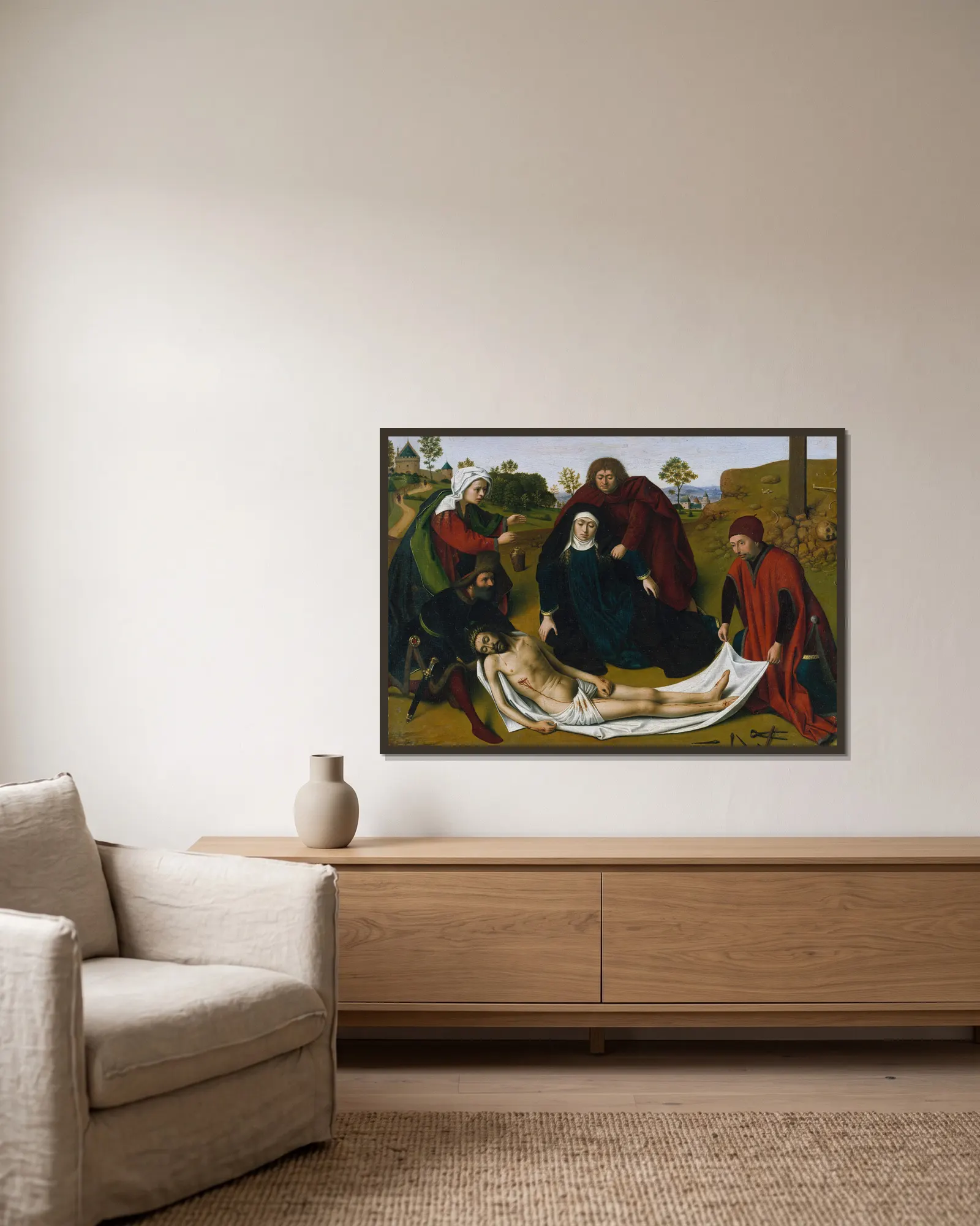 The Lamentation av Petrus Christus inramad på en vägg
