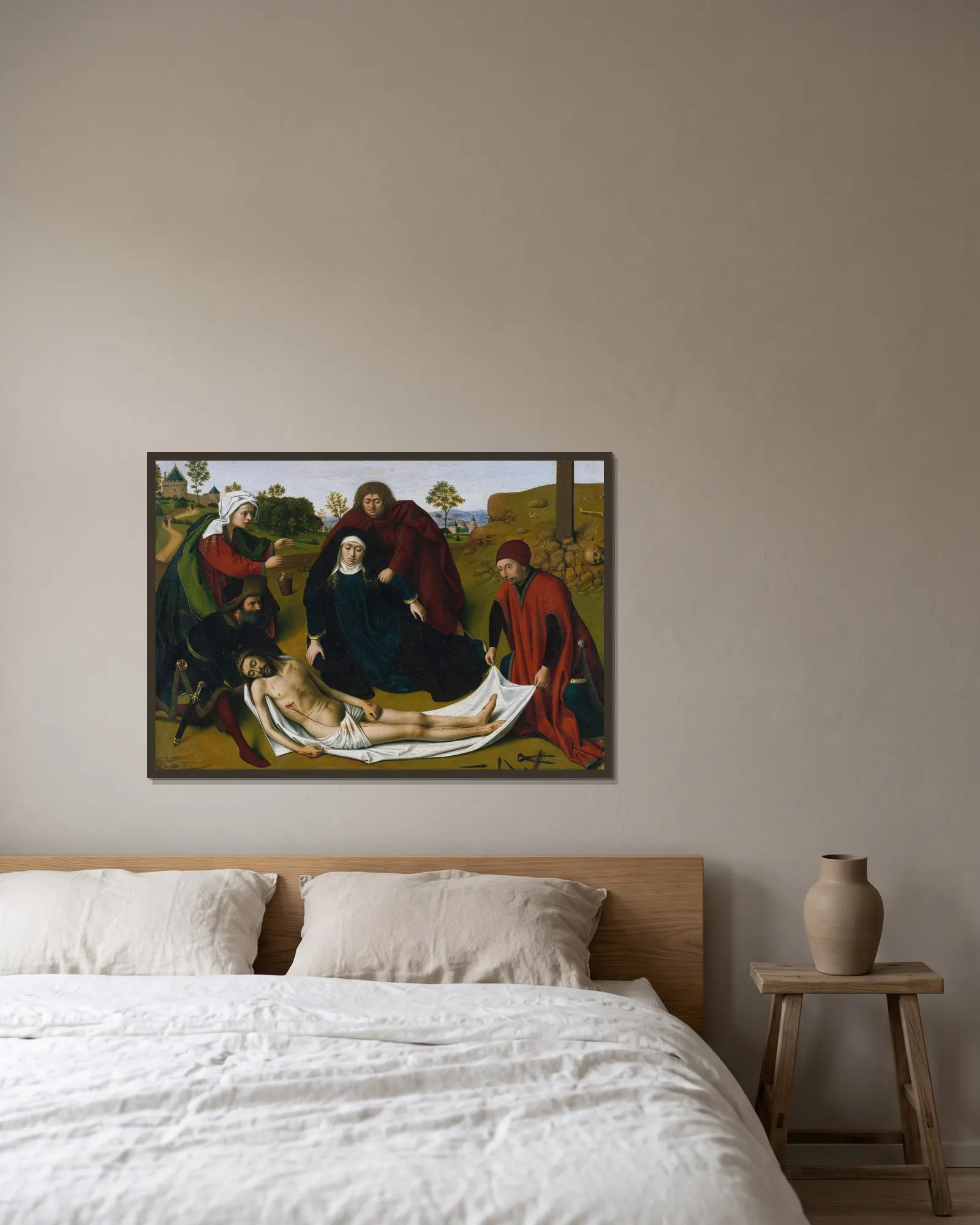 The Lamentation av Petrus Christus inramad på en vägg