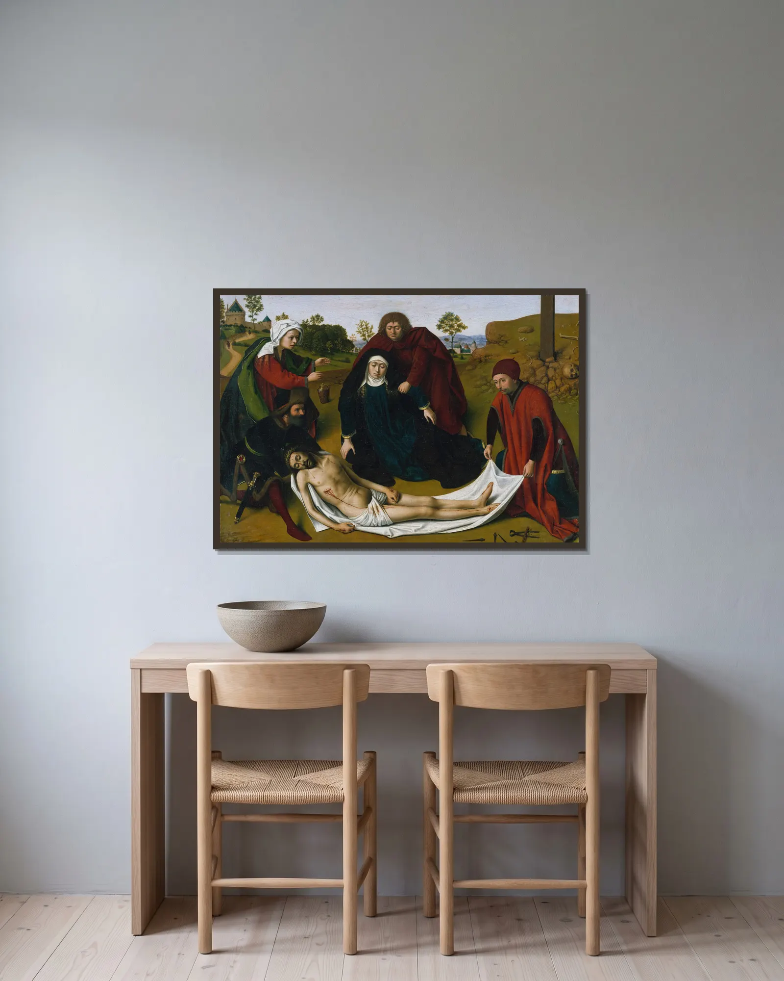 The Lamentation av Petrus Christus inramad på en vägg
