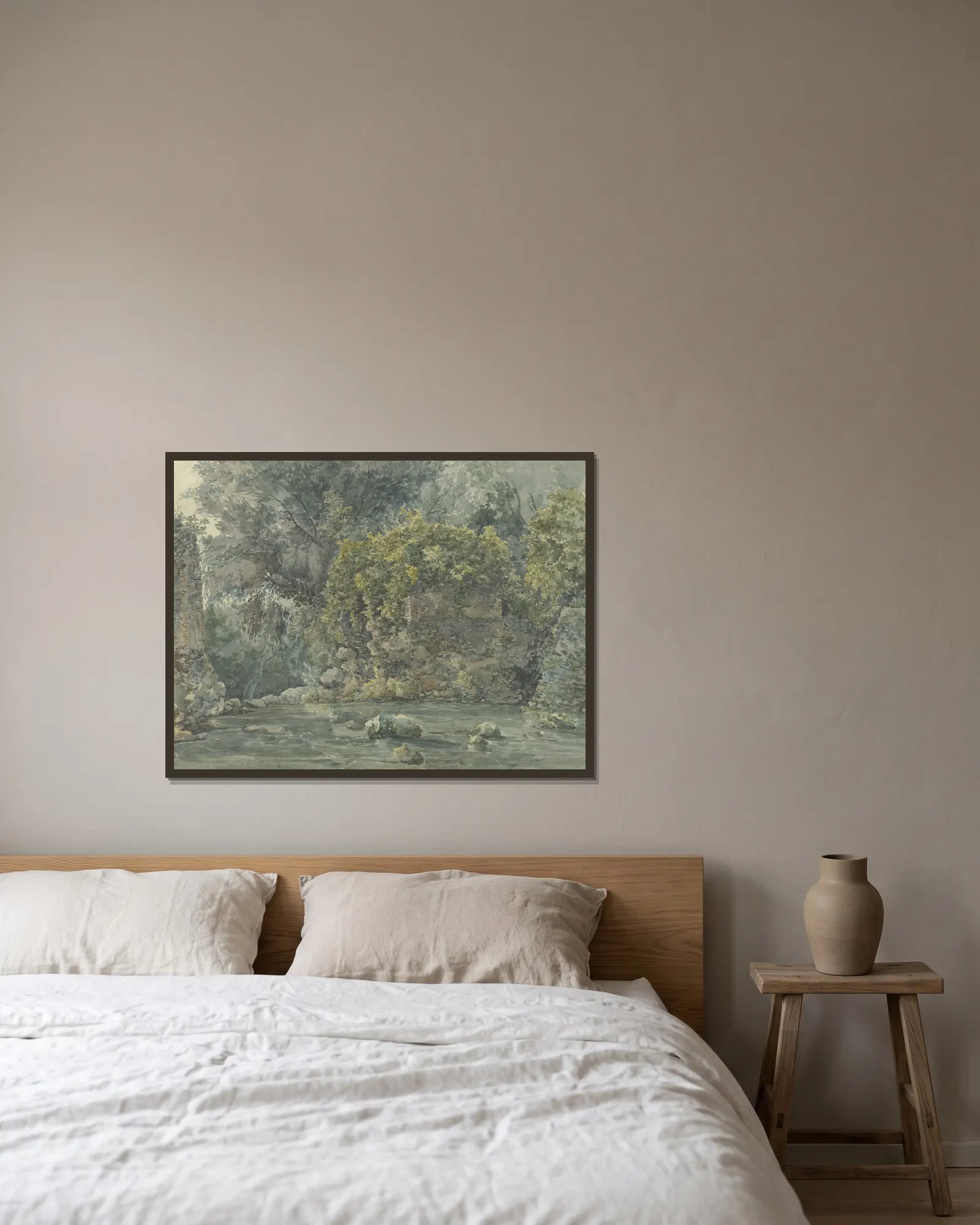 Baumlandschaft mit verfallenem Gemäuer an einem Bach av Jacob Philipp Hackert inramad på en vägg