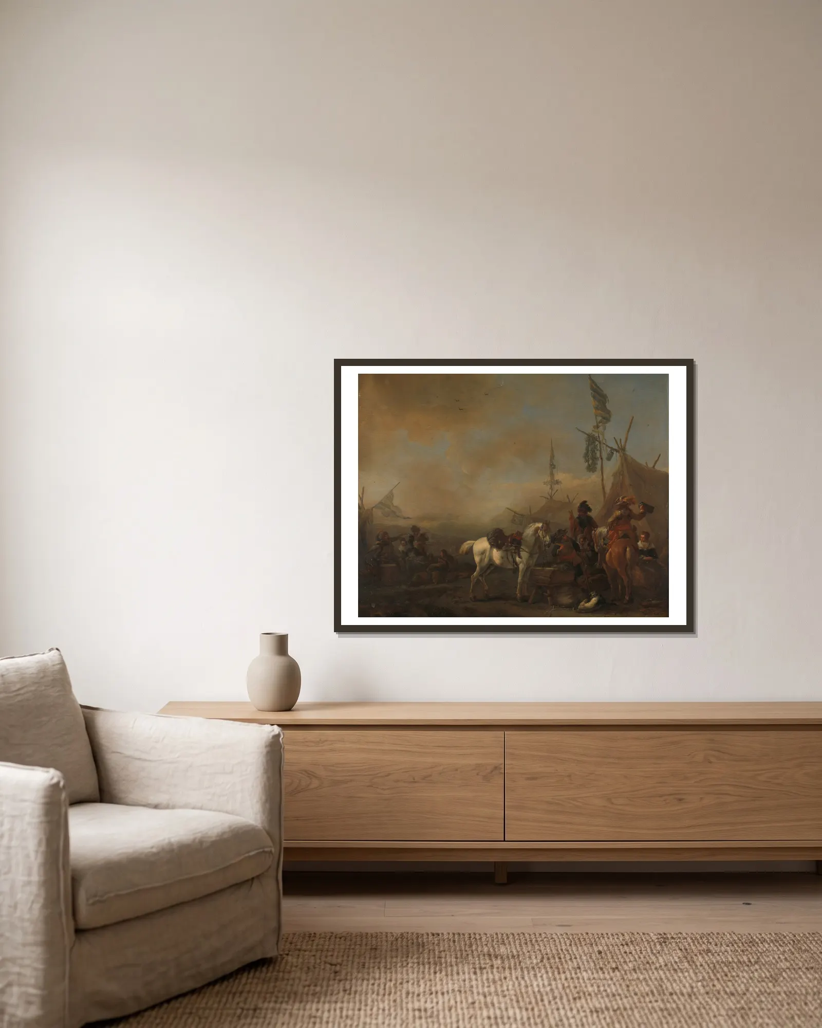 An Army Camp av Philips Wouwerman inramad på en vägg