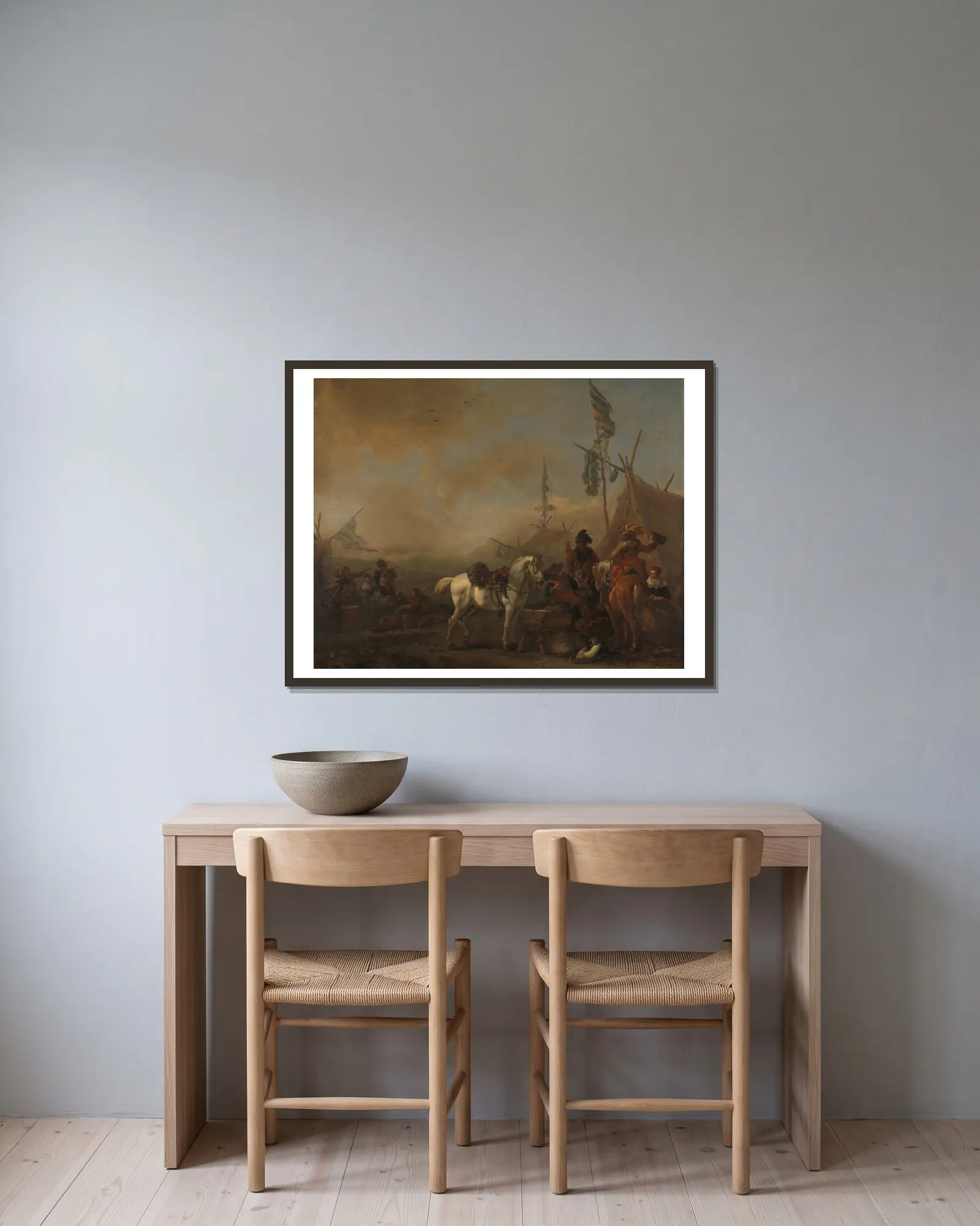An Army Camp av Philips Wouwerman inramad på en vägg