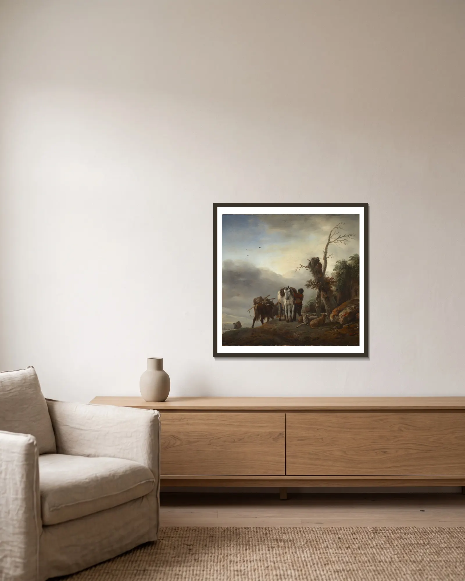 Landscape with Packhorses av Philips Wouwerman inramad på en vägg