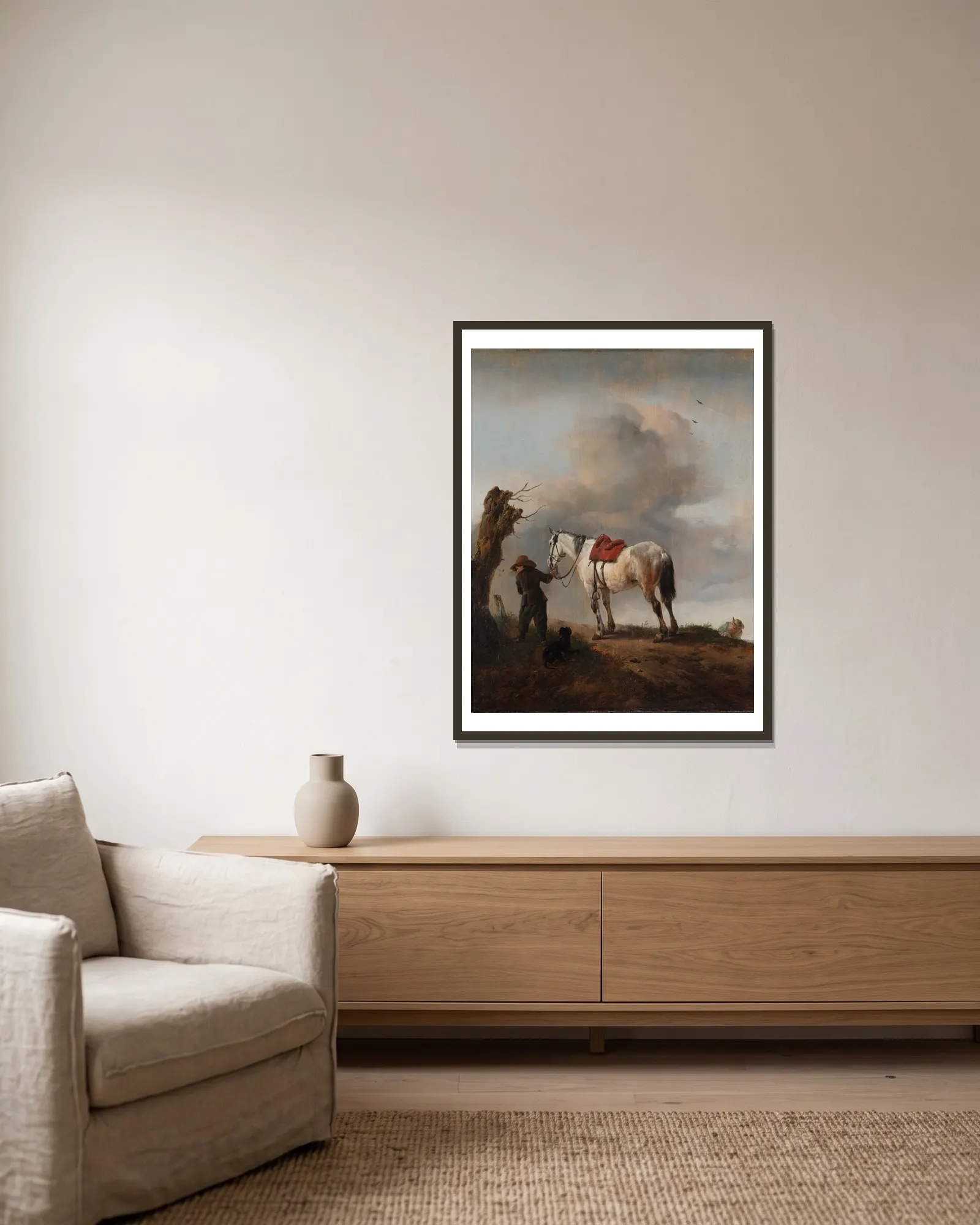 The Grey Horse av Philips Wouwerman inramad på en vägg