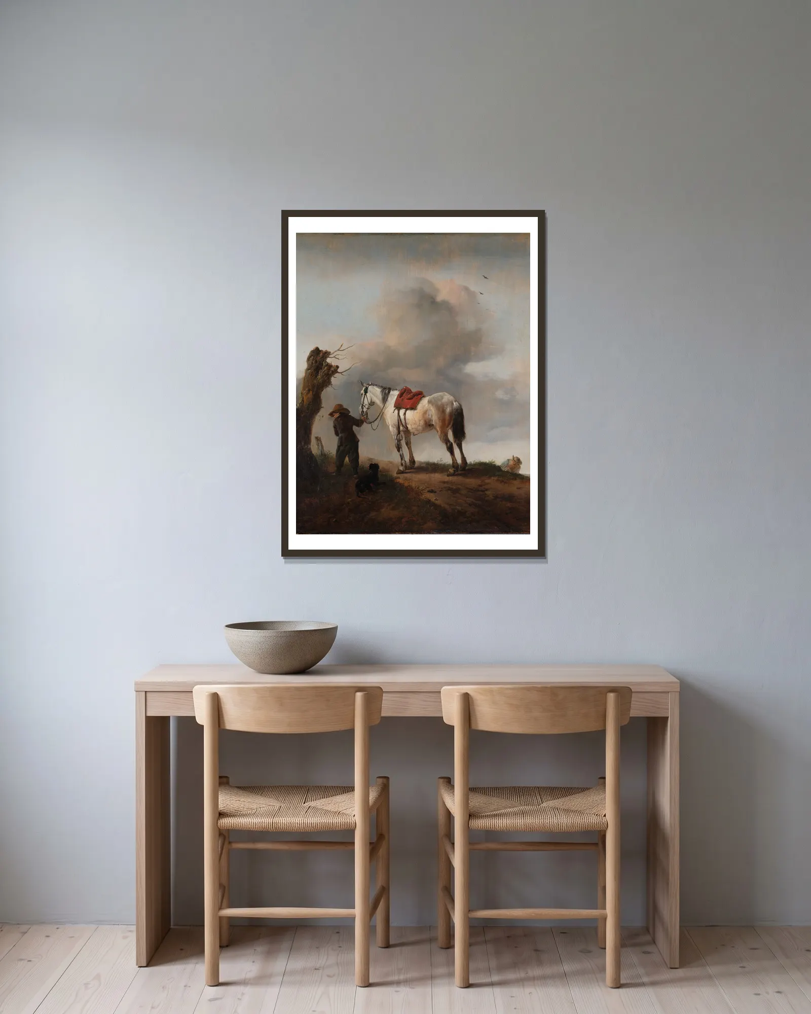 The Grey Horse av Philips Wouwerman inramad på en vägg