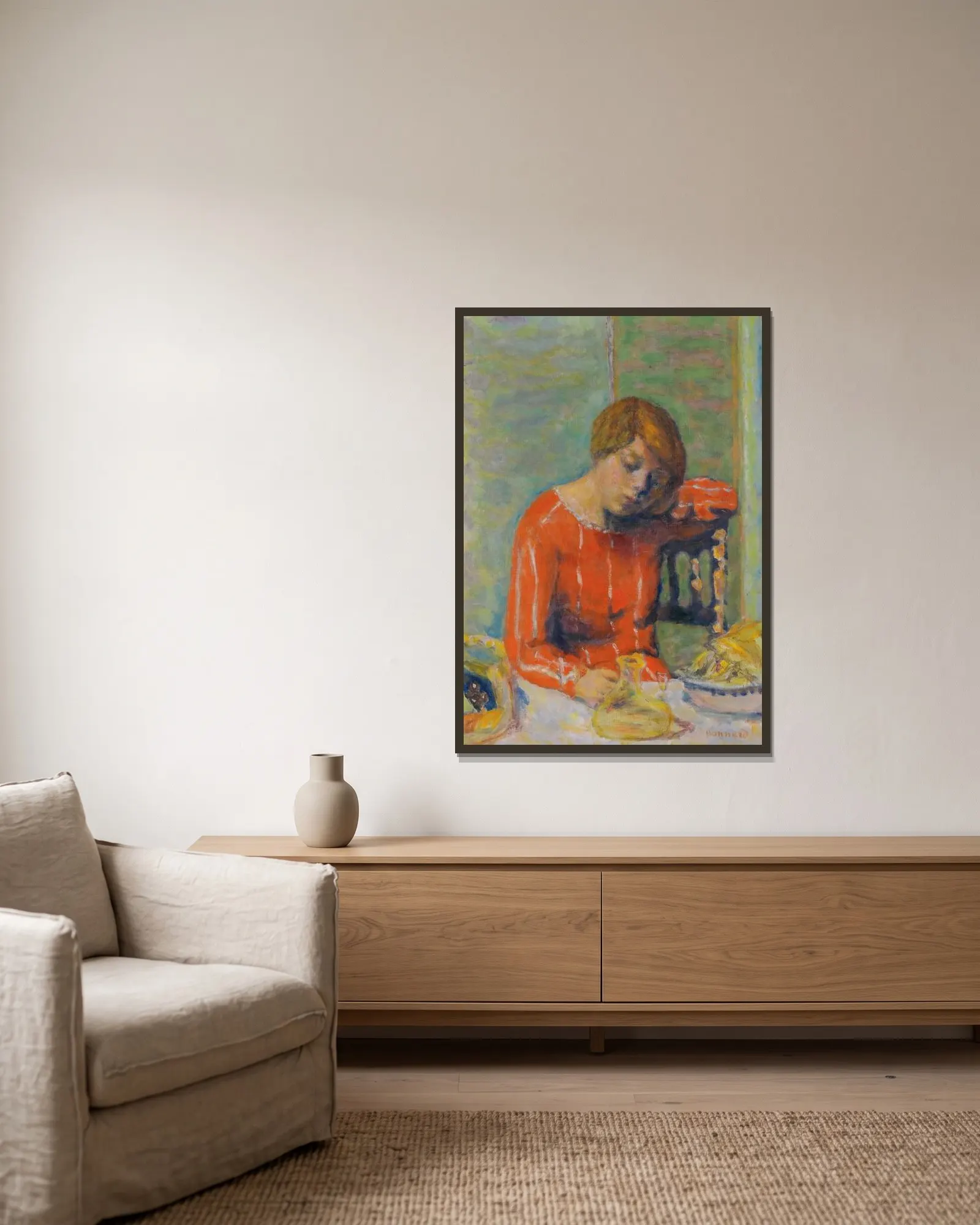 Le Corsage Rayé av Pierre Bonnard inramad på en vägg