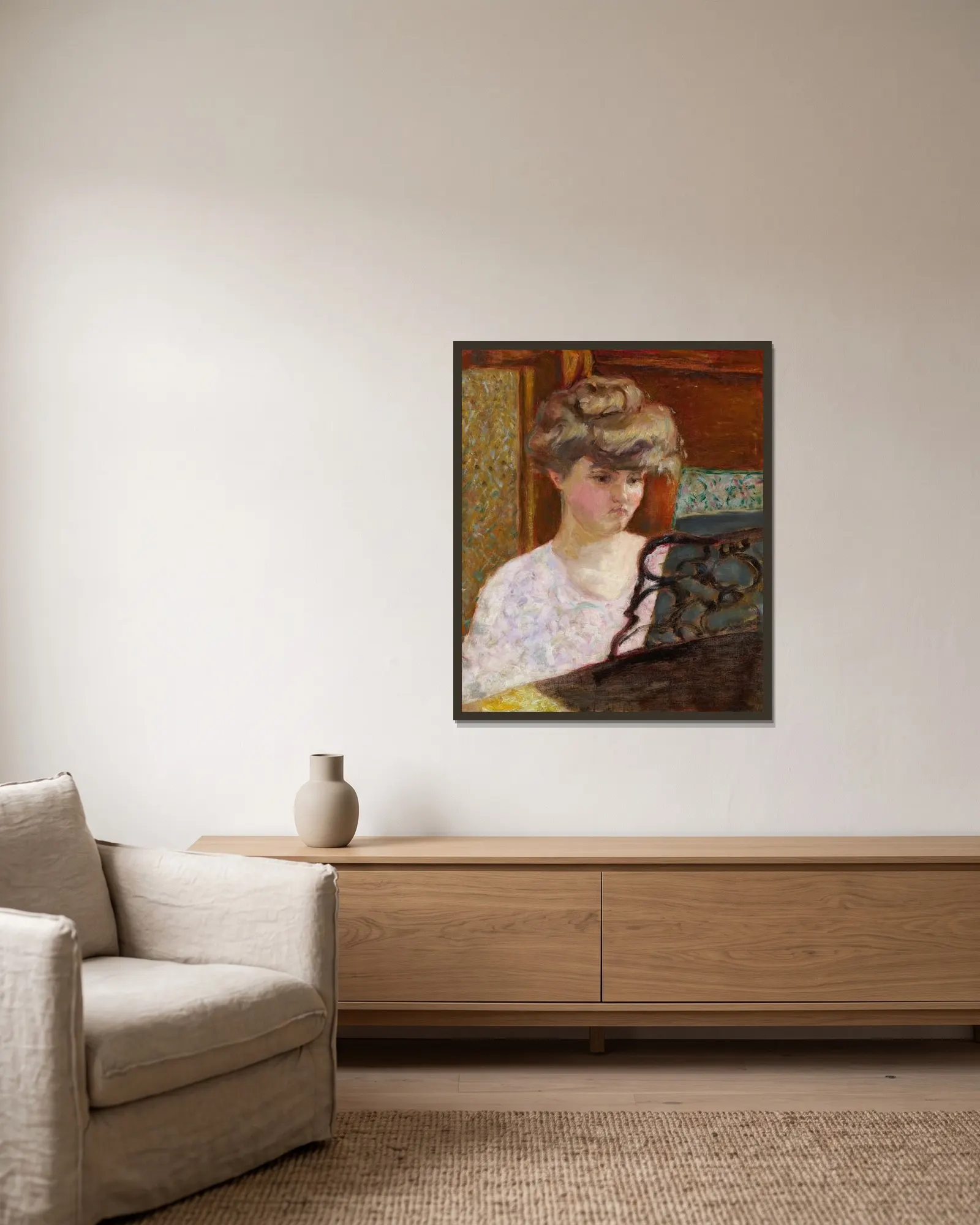Misia au piano (Portrait de Misia Natanson) av Pierre Bonnard inramad på en vägg