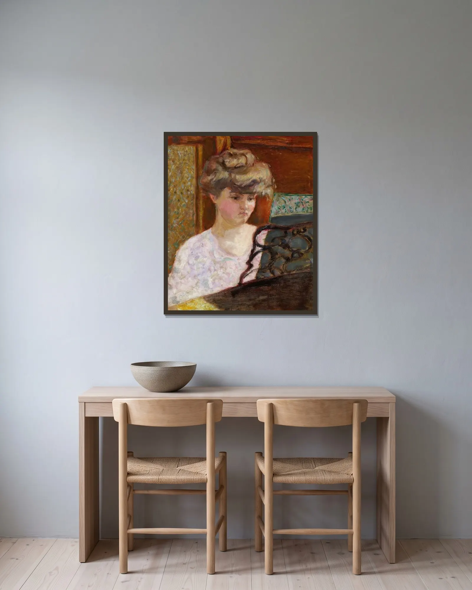 Misia au piano (Portrait de Misia Natanson) av Pierre Bonnard inramad på en vägg