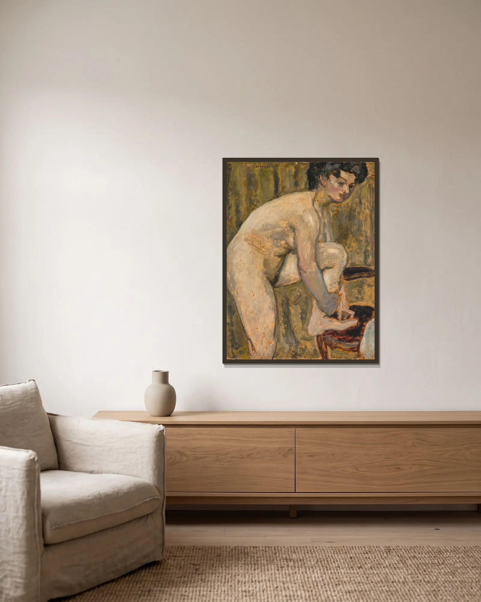 Nude av Pierre Bonnard inramad på en vägg