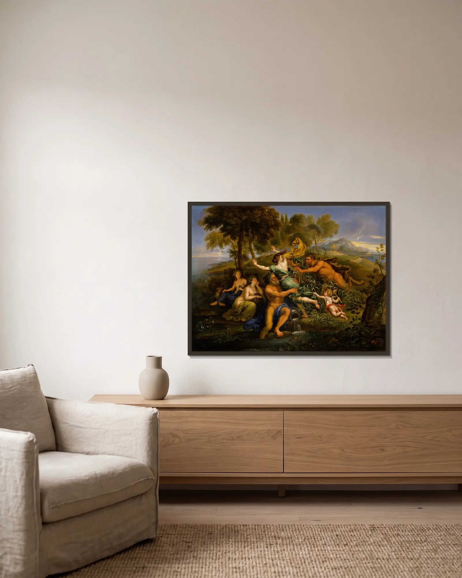 Pan and Syrinx av Pierre Mignard inramad på en vägg
