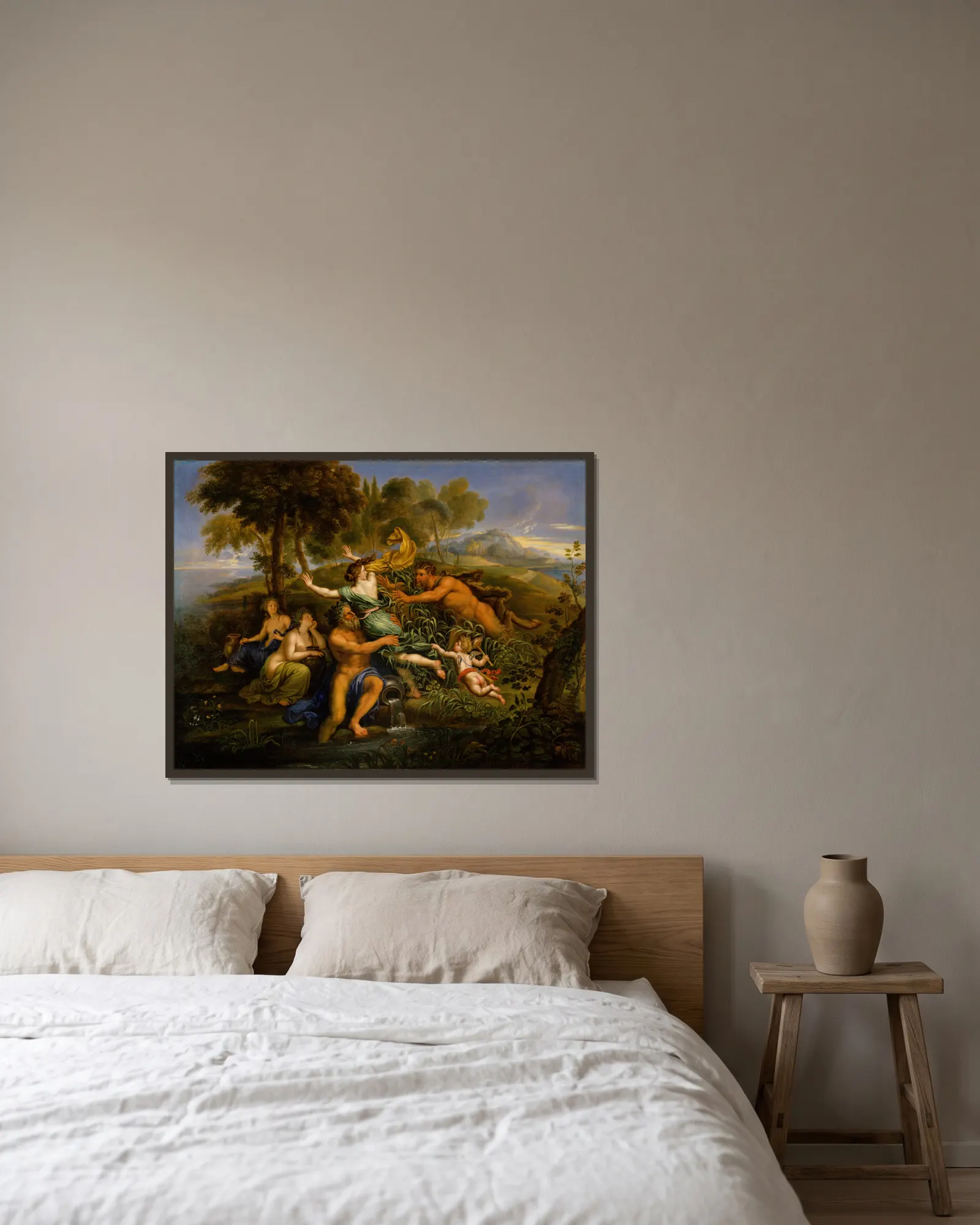 Pan and Syrinx av Pierre Mignard inramad på en vägg