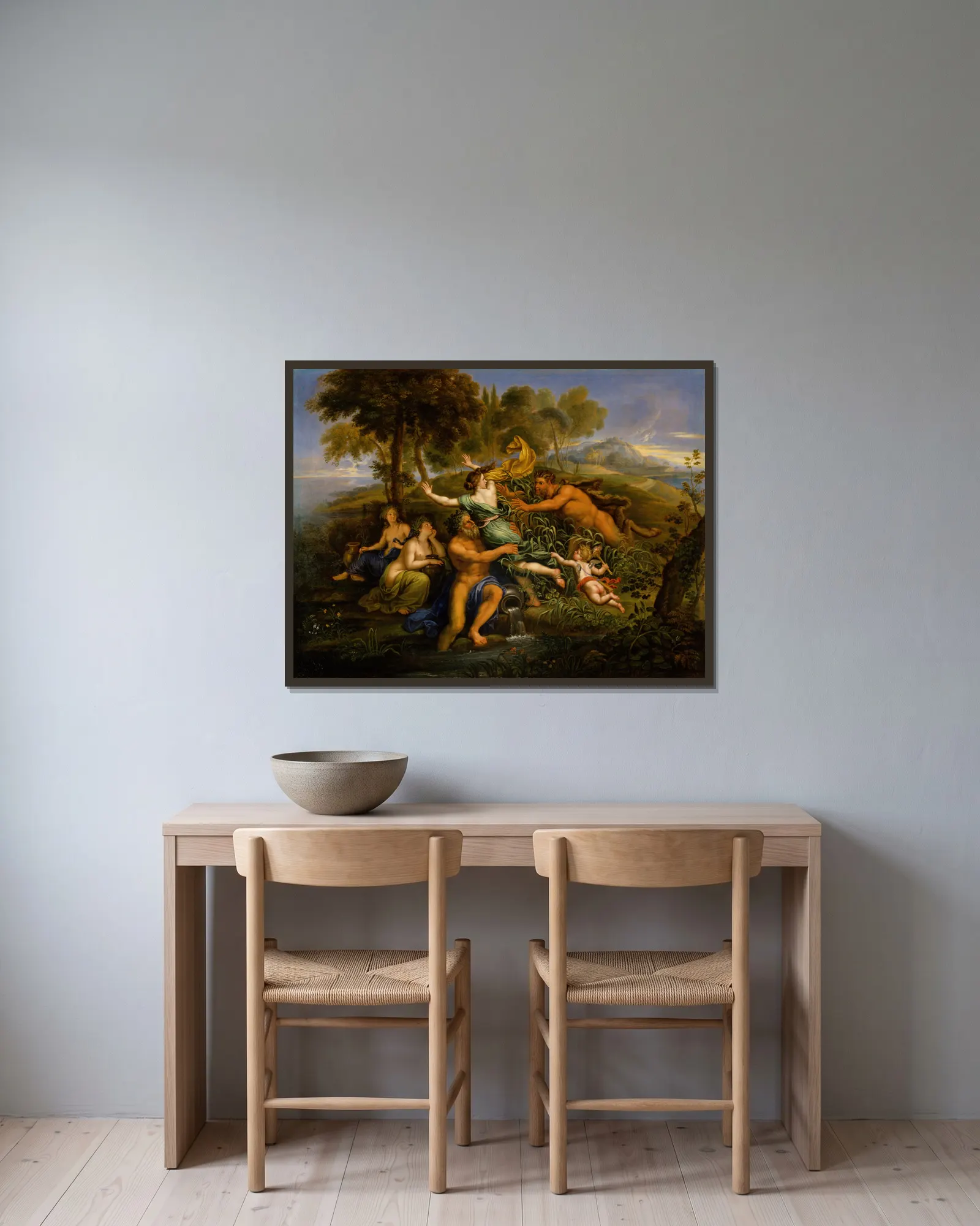 Pan and Syrinx av Pierre Mignard inramad på en vägg