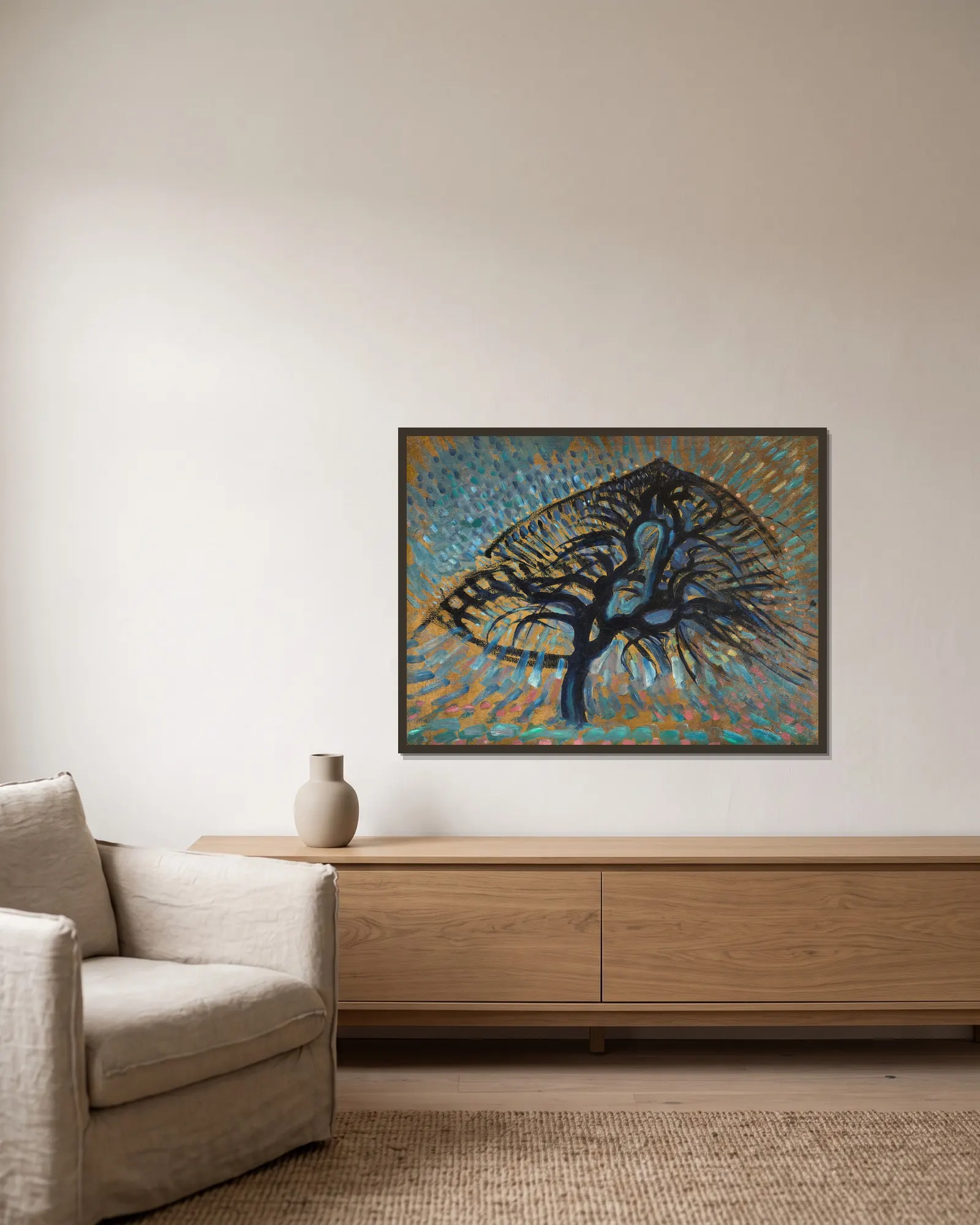 Apple Tree, Pointillist Version av Piet Mondrian inramad på en vägg