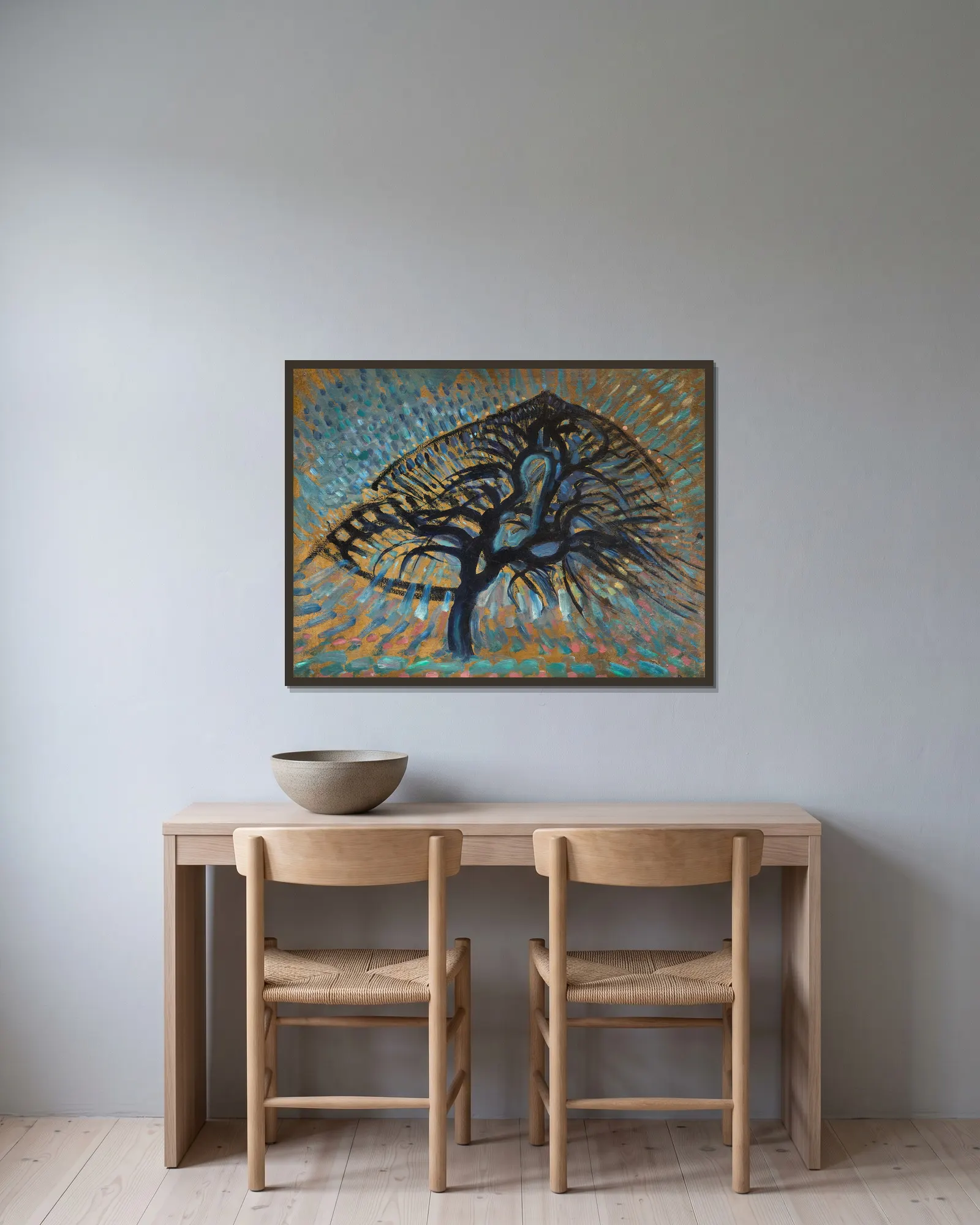 Apple Tree, Pointillist Version av Piet Mondrian inramad på en vägg
