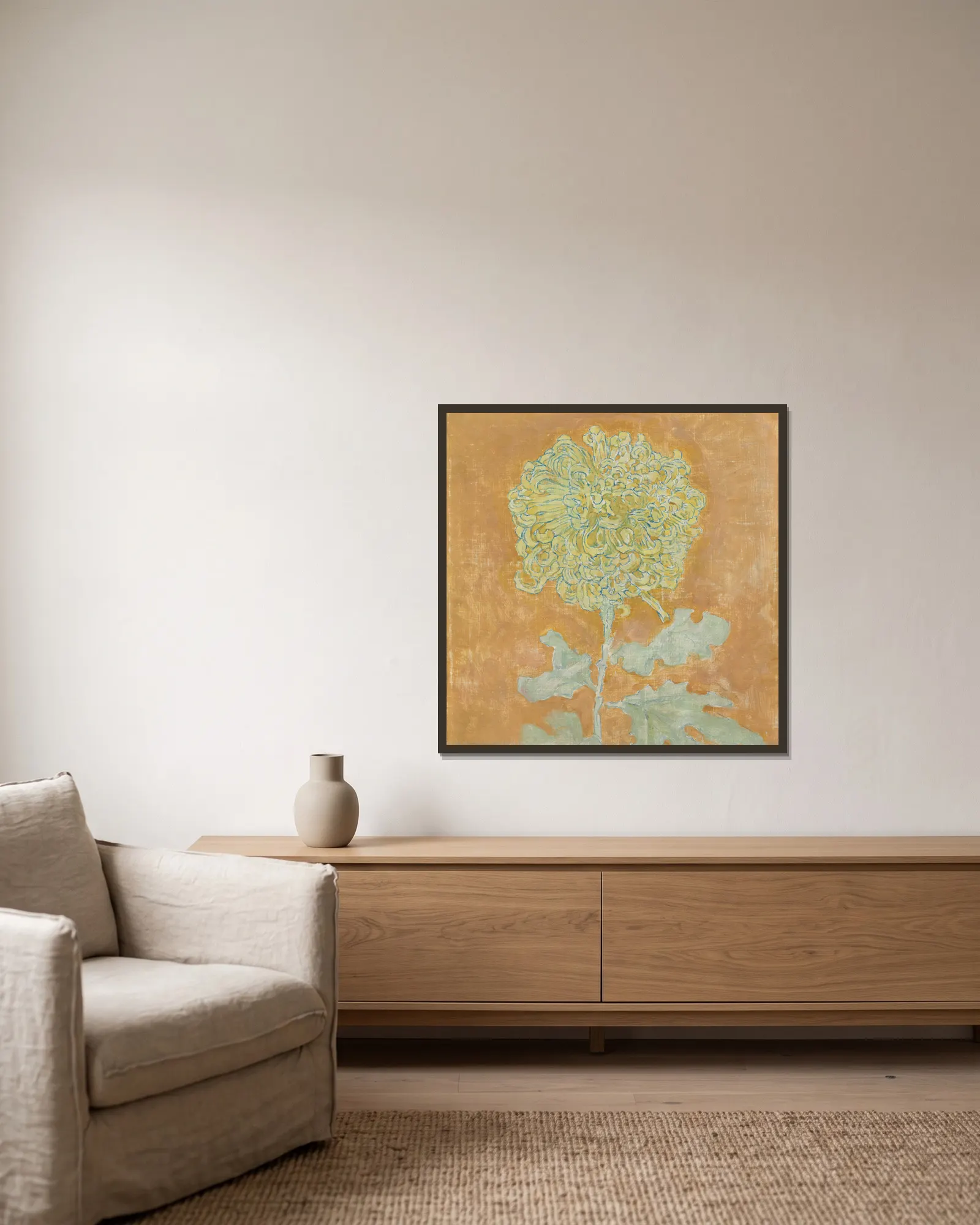 Chrysanthemum av Piet Mondrian inramad på en vägg