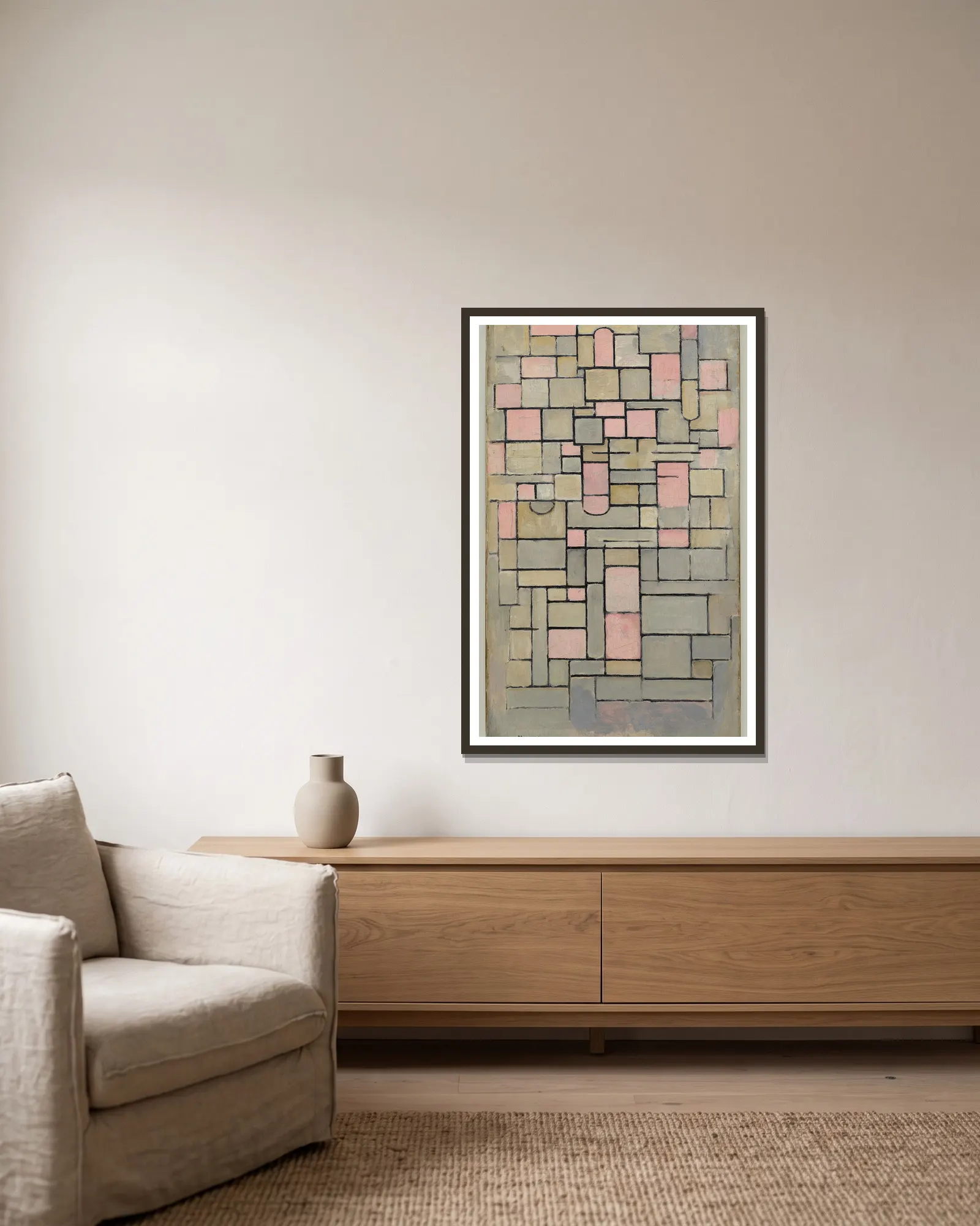 Composition 8 av Piet Mondrian inramad på en vägg
