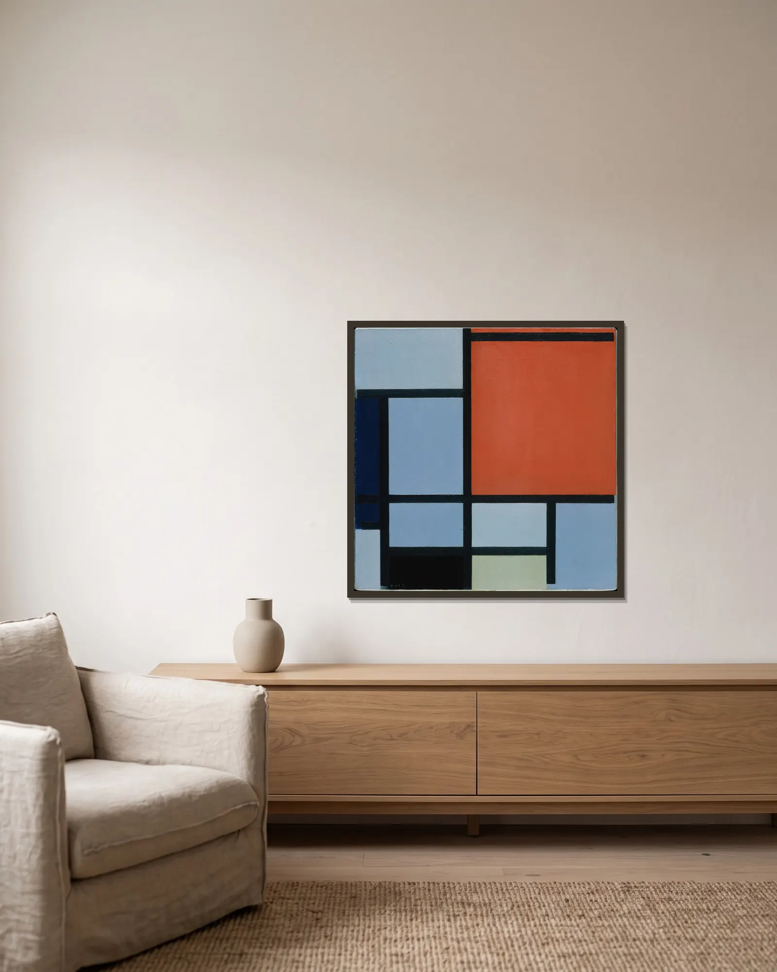 Composition av Piet Mondrian inramad på en vägg