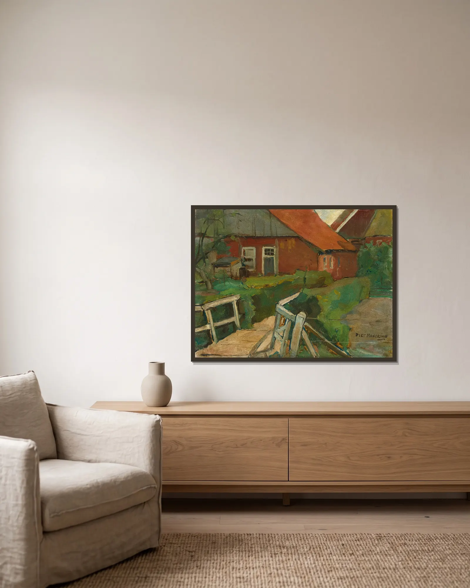 Farm Building With Bridge av Piet Mondrian inramad på en vägg