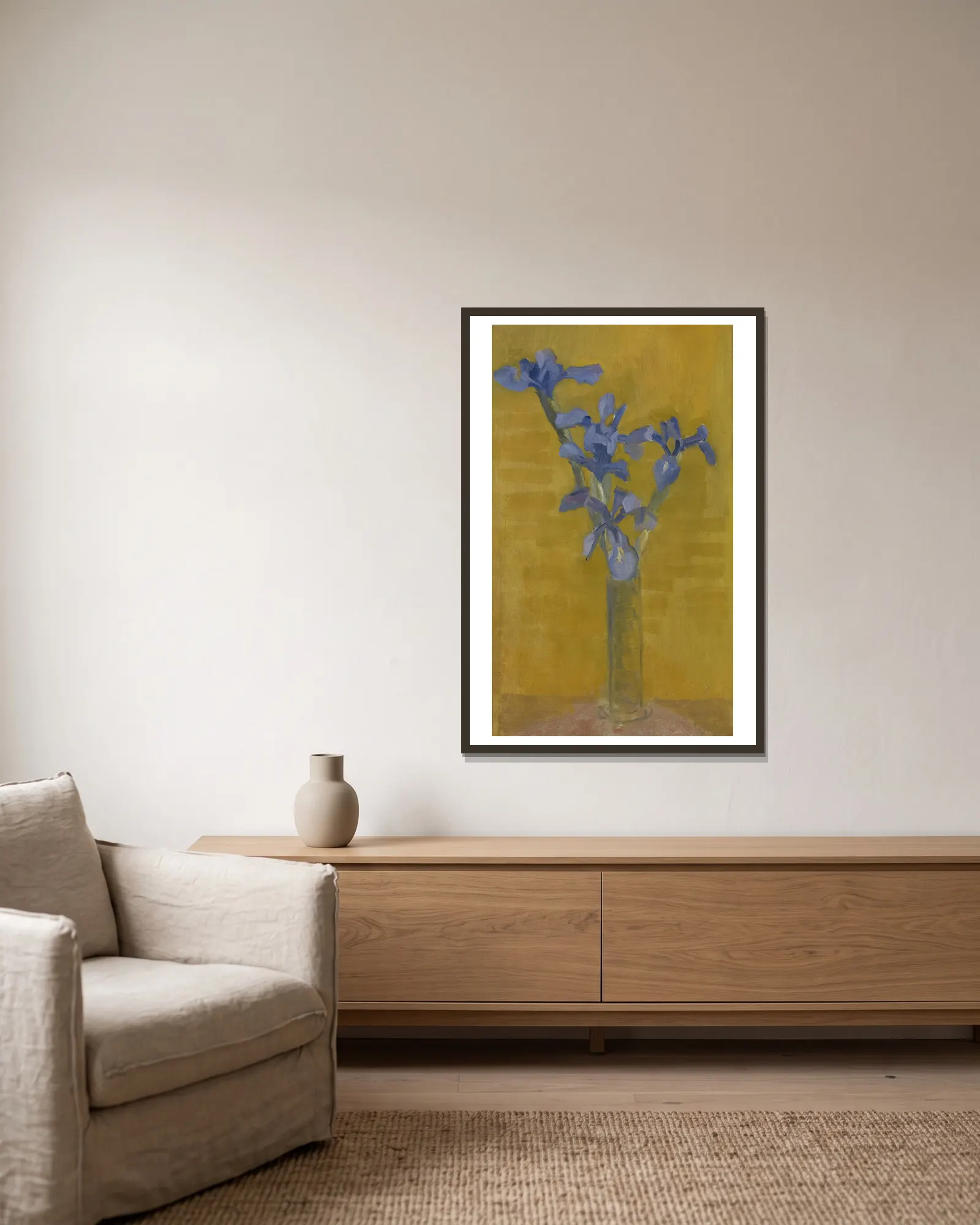 Irises av Piet Mondrian inramad på en vägg